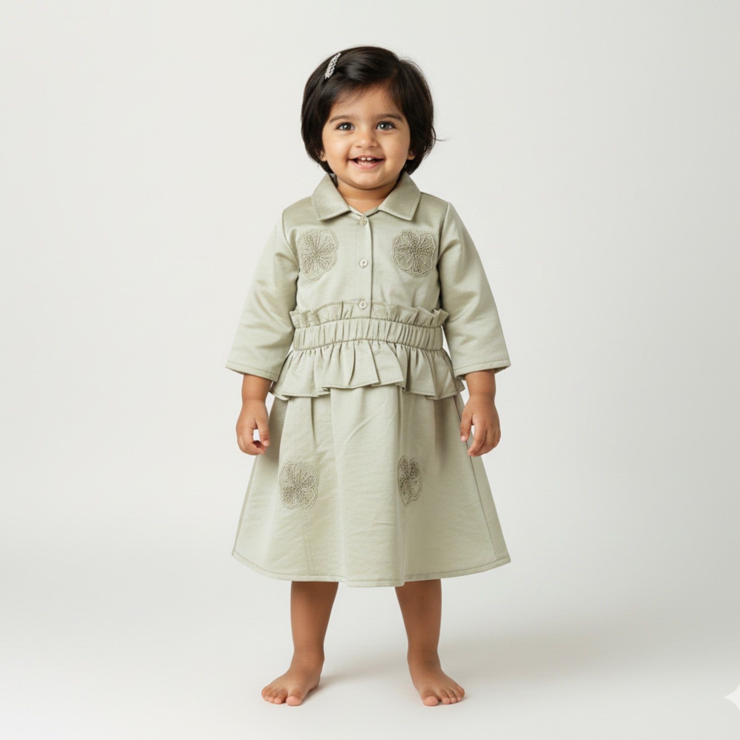 Baby Moo Woven 3/4th Sleeves Solid Coloured Peplum Dress - Sage Green