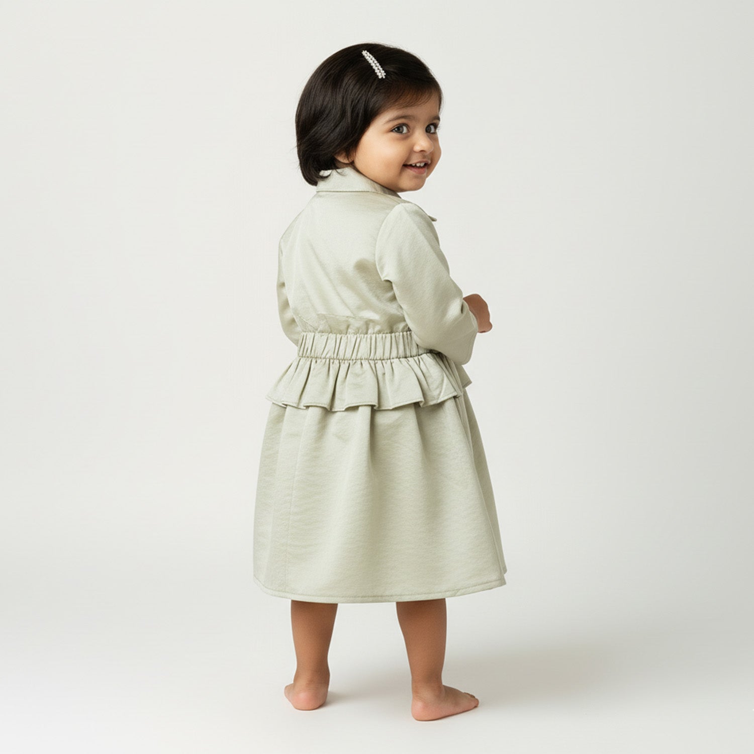 Baby Moo Woven 3/4th Sleeves Solid Coloured Peplum Dress - Sage Green