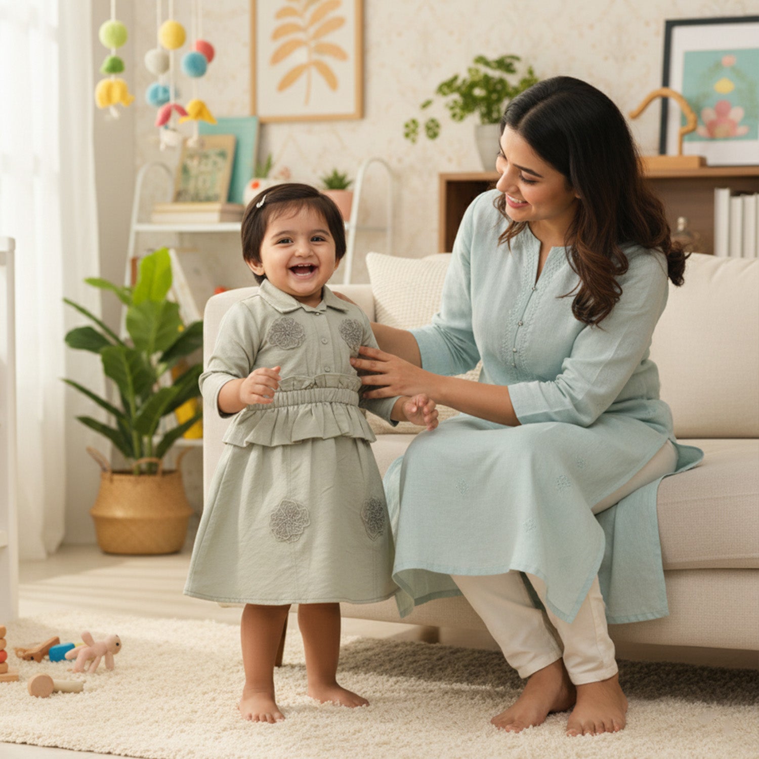 Baby Moo Woven 3/4th Sleeves Solid Coloured Peplum Dress - Sage Green
