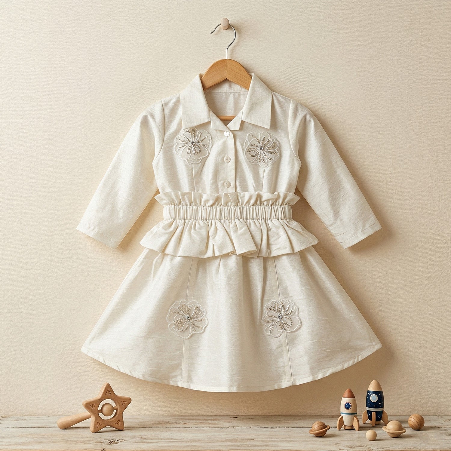Baby Moo Woven 3/4th Sleeves Solid Coloured Peplum Dress - White