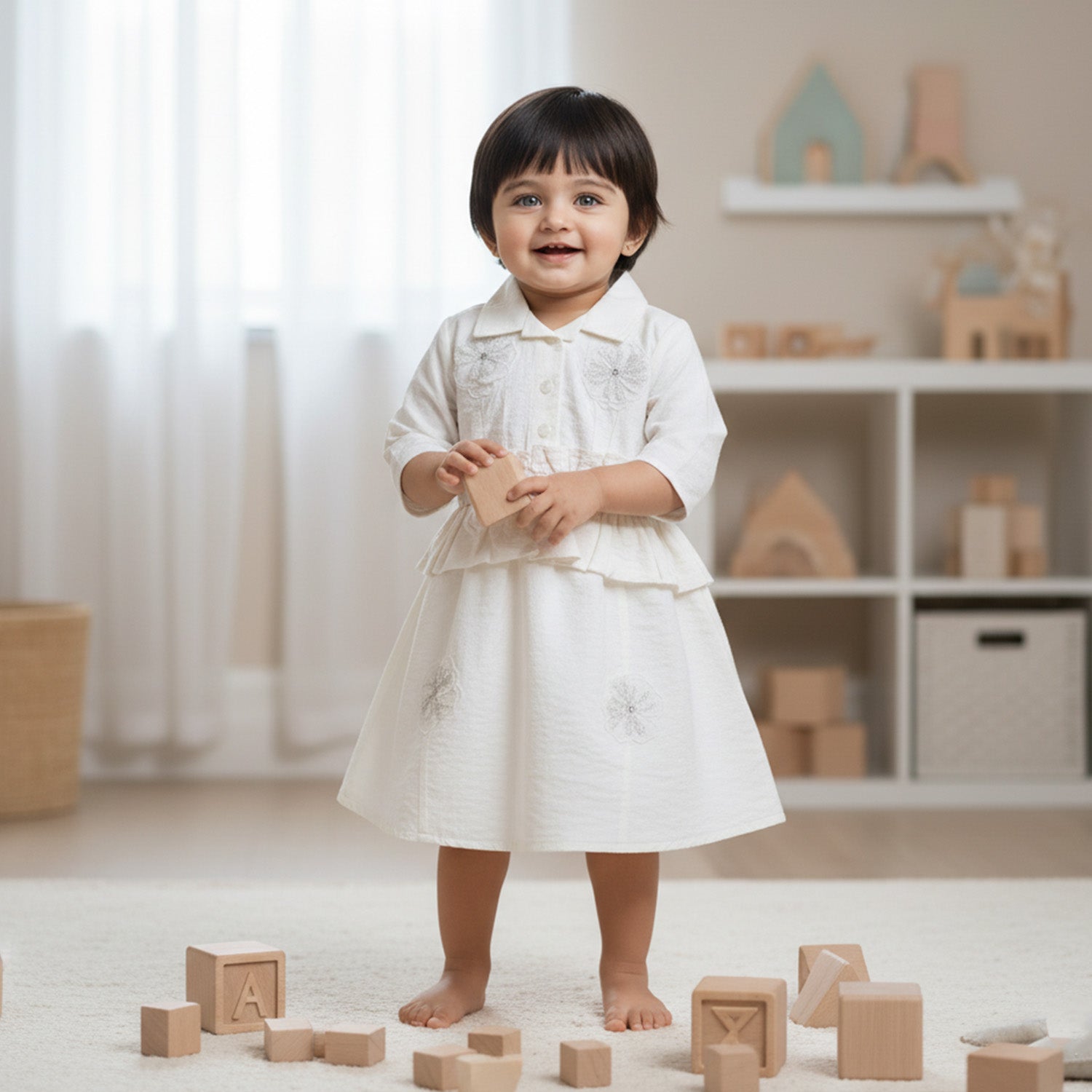 Baby Moo Woven 3/4th Sleeves Solid Coloured Peplum Dress - White