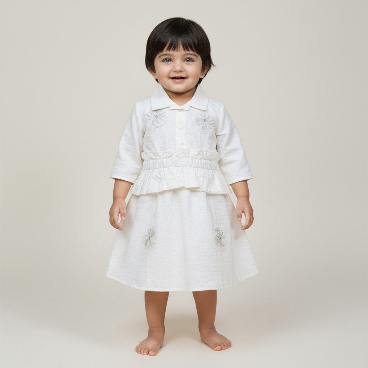 Baby Moo Woven 3/4th Sleeves Solid Coloured Peplum Dress - White