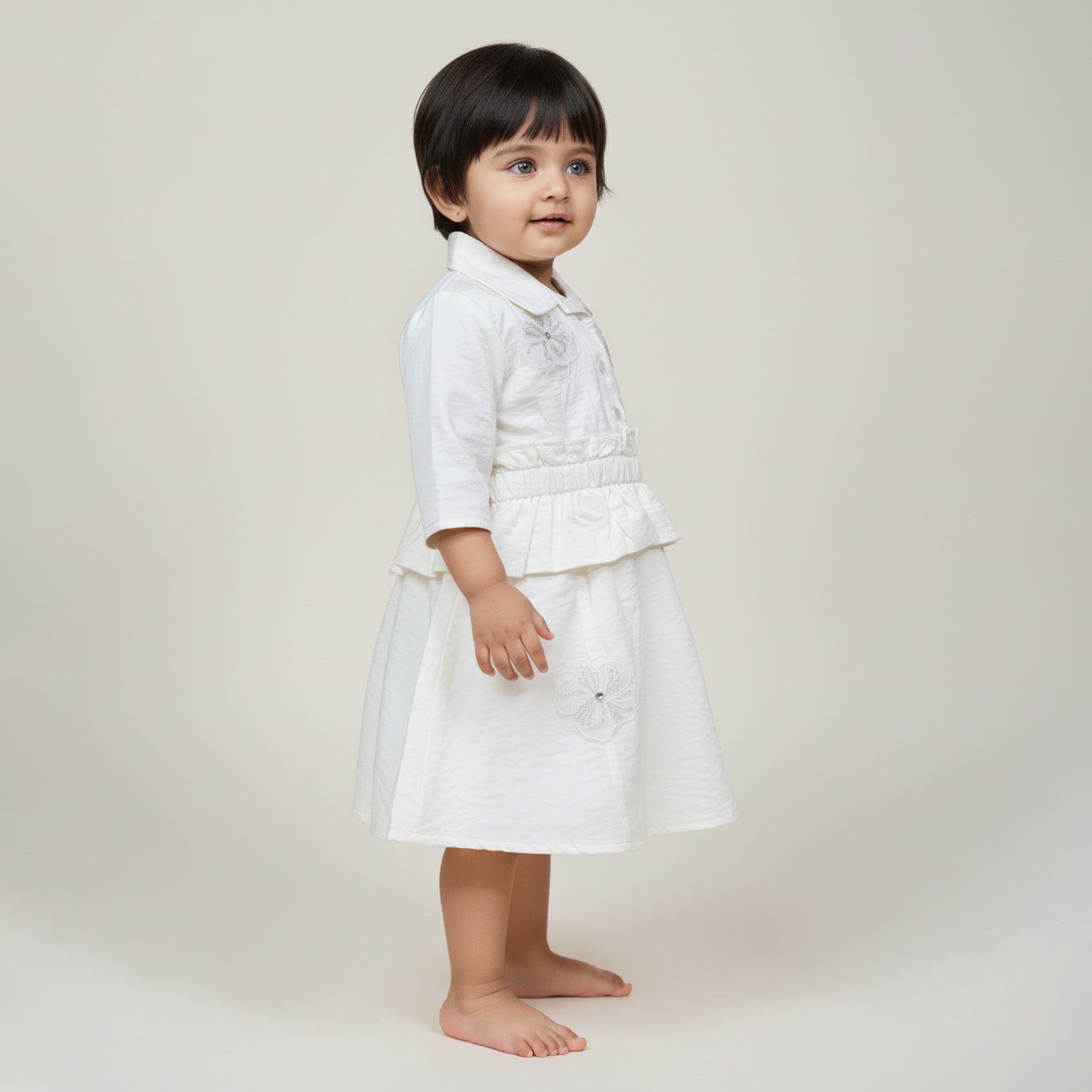 Baby Moo Woven 3/4th Sleeves Solid Coloured Peplum Dress - White