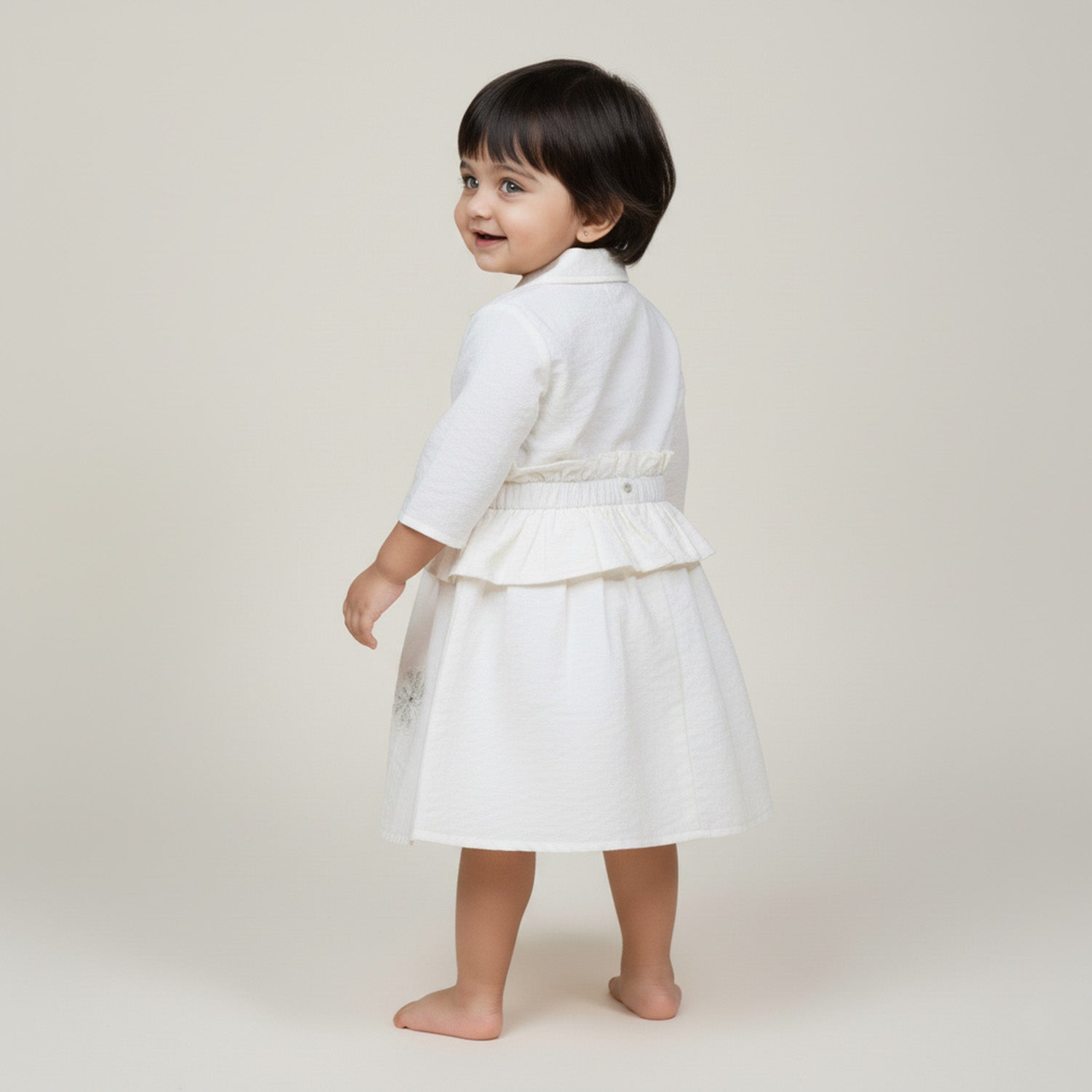 Baby Moo Woven 3/4th Sleeves Solid Coloured Peplum Dress - White