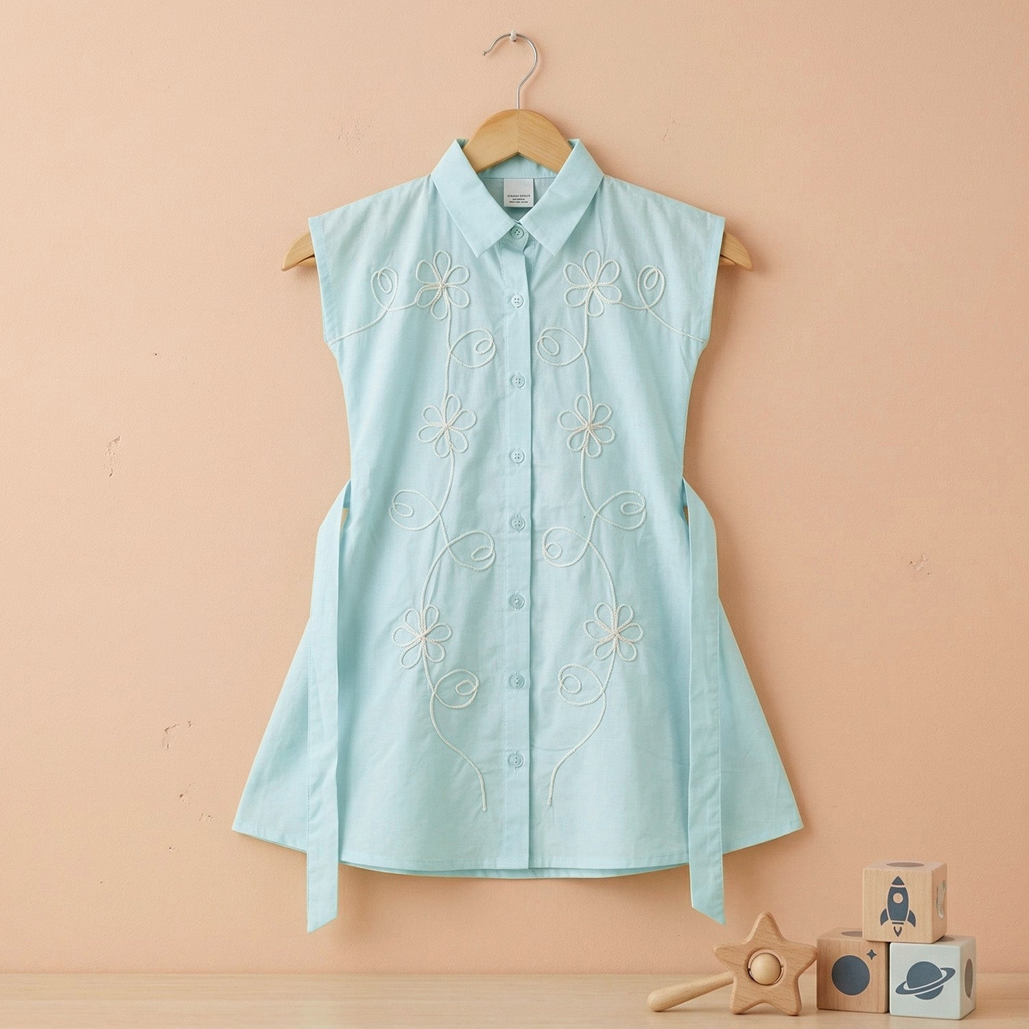 Baby Moo Woven Sleeveless Shirt Style Dress with Belt  Dress - Blue