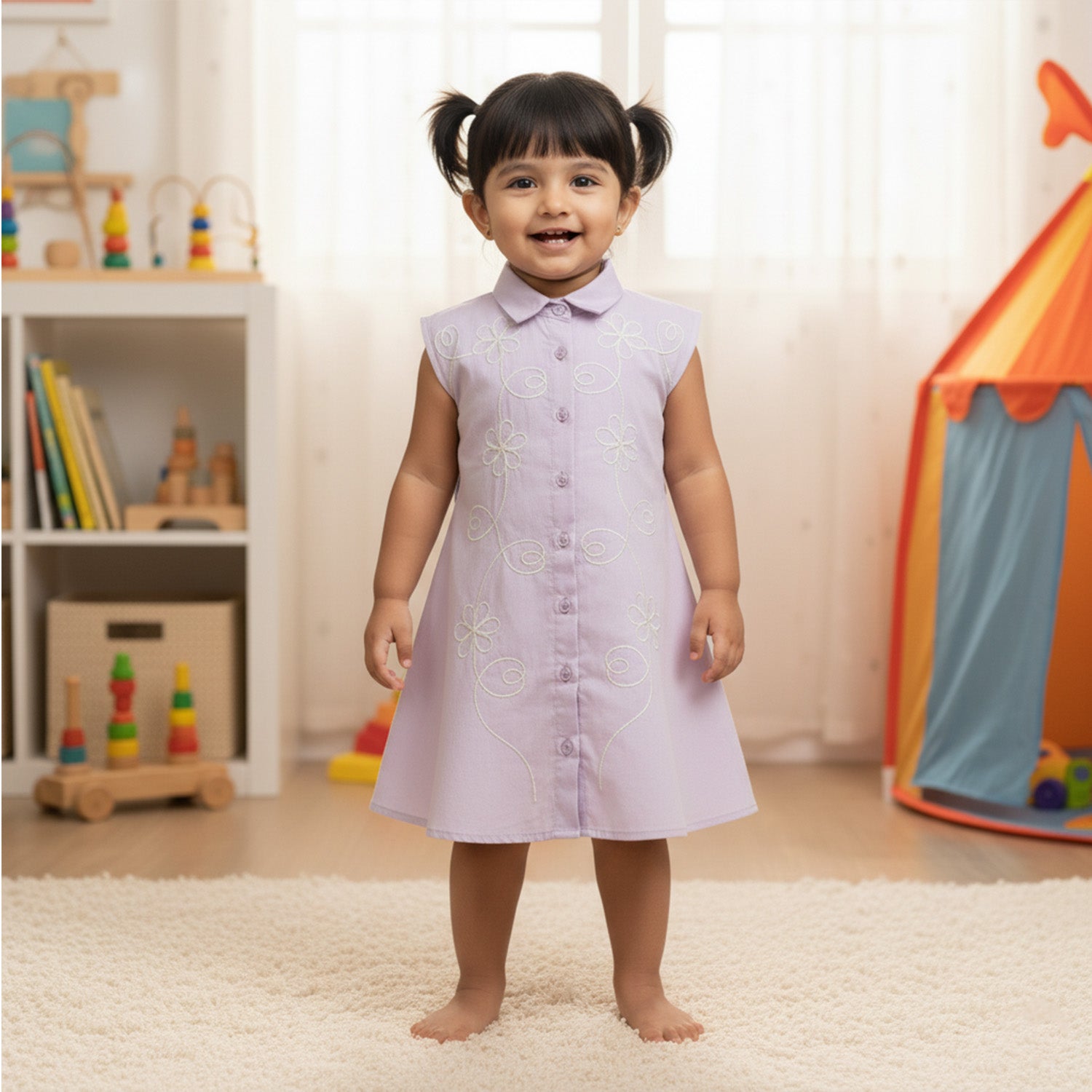 Baby Moo Woven Sleeveless Shirt Style Dress with Belt  Dress - Lavender