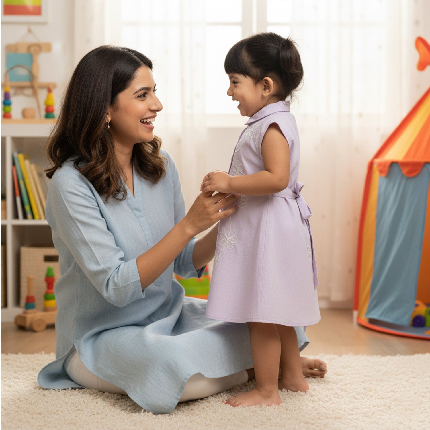 Baby Moo Woven Sleeveless Shirt Style Dress with Belt  Dress - Lavender