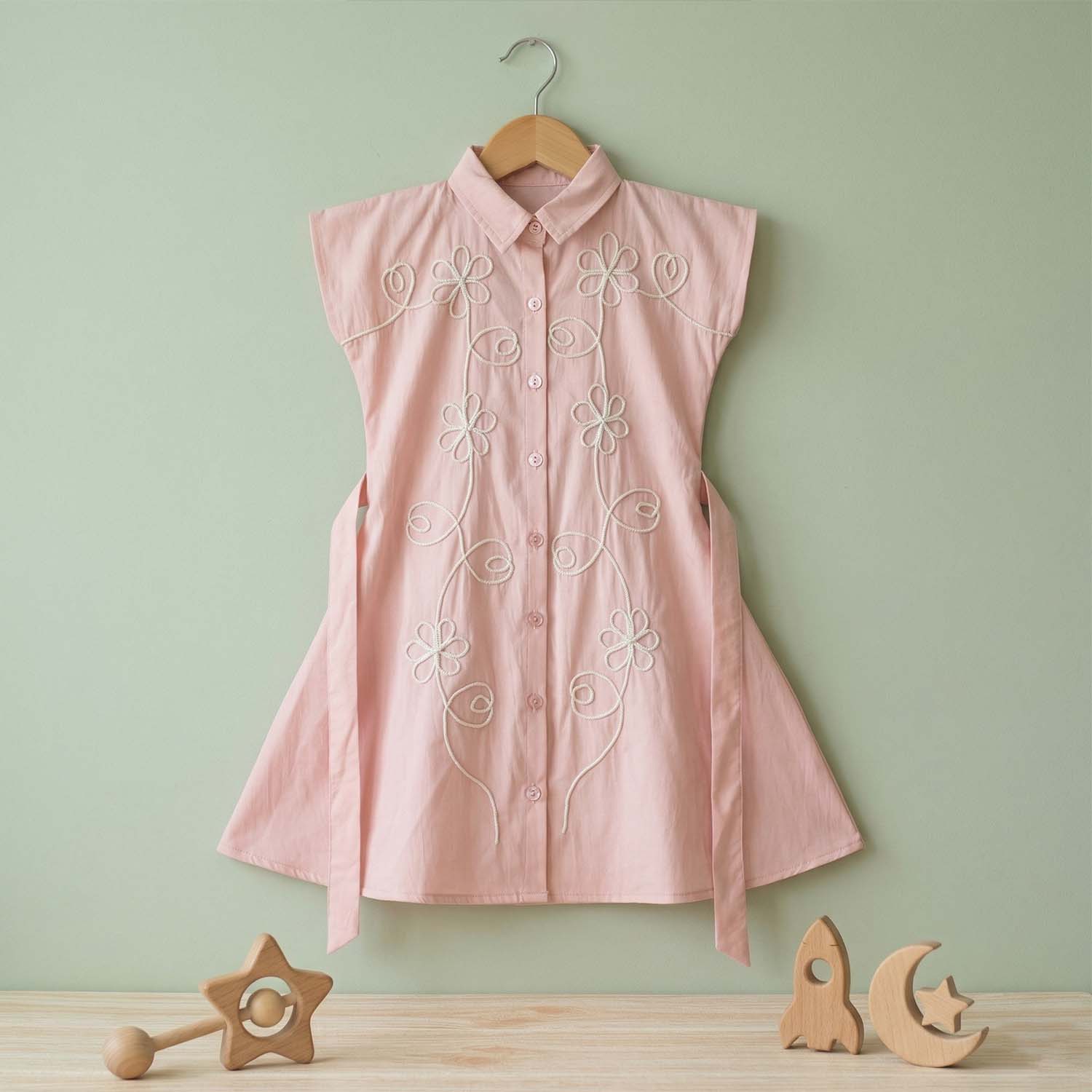 Baby Moo Woven Sleeveless Shirt Style Dress with Belt  Dress - Pink
