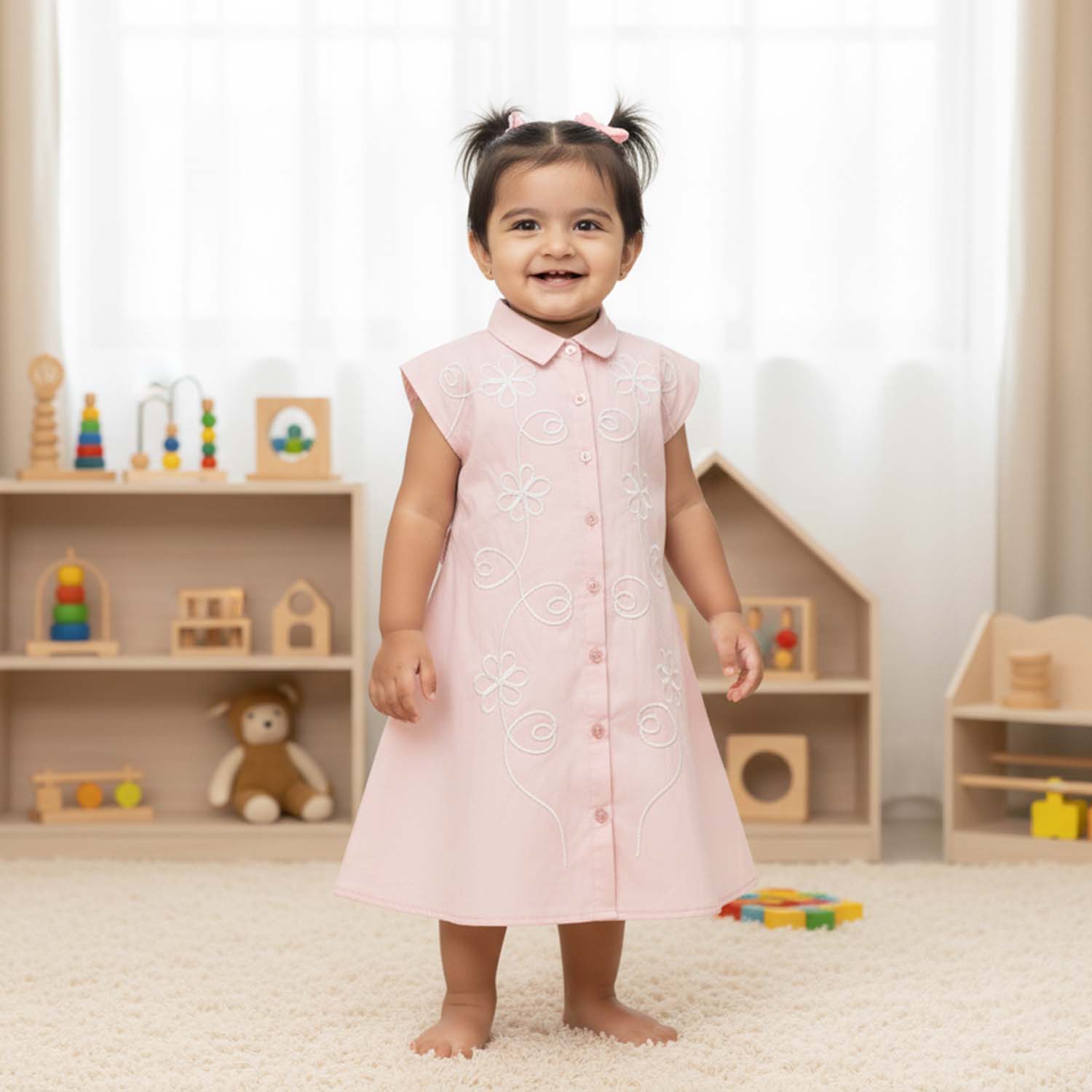 Baby Moo Woven Sleeveless Shirt Style Dress with Belt  Dress - Pink