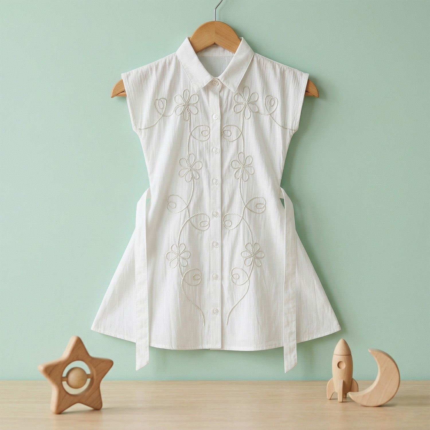 Baby Moo Woven Sleeveless Shirt Style Dress with Belt  Dress - White