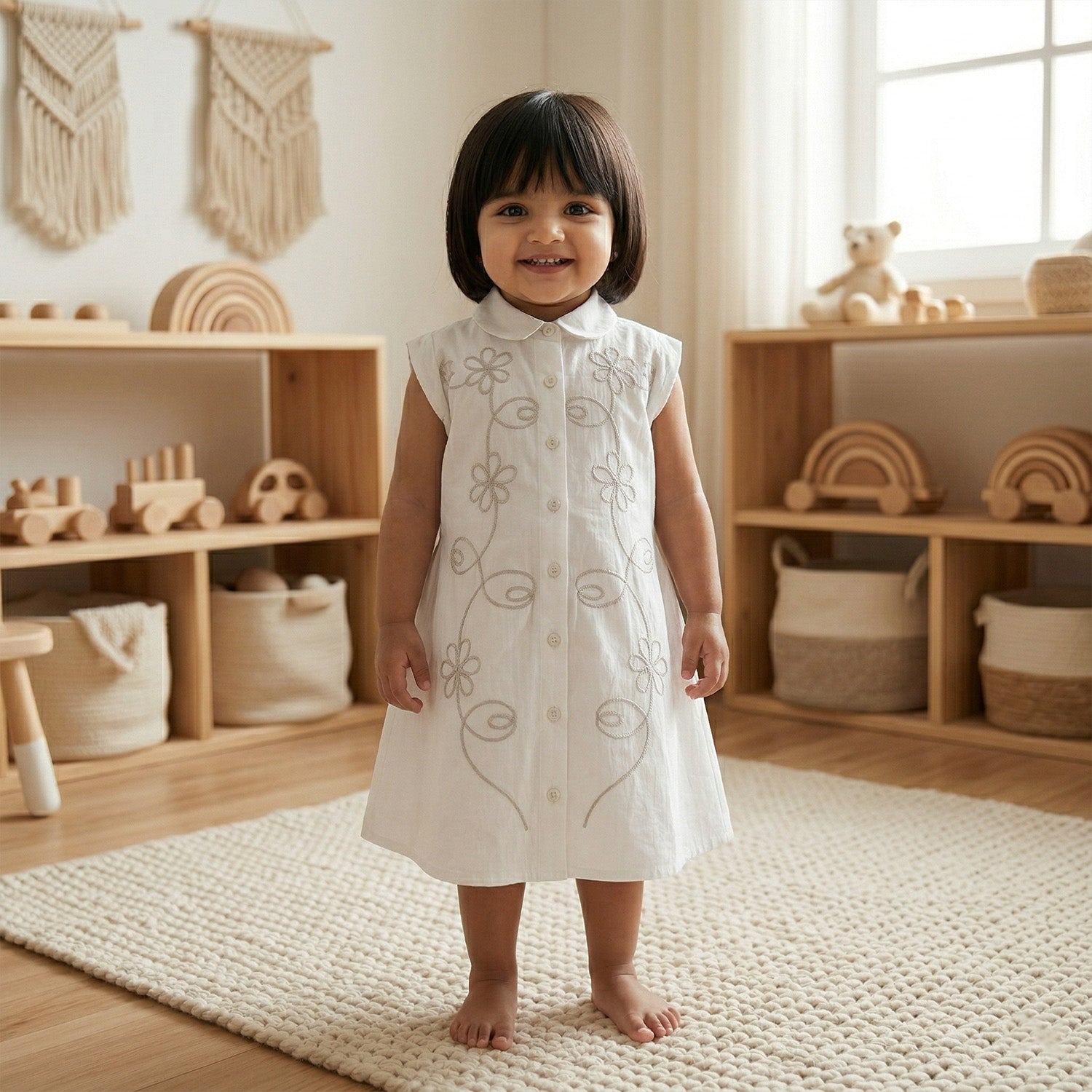 Baby Moo Woven Sleeveless Shirt Style Dress with Belt  Dress - White