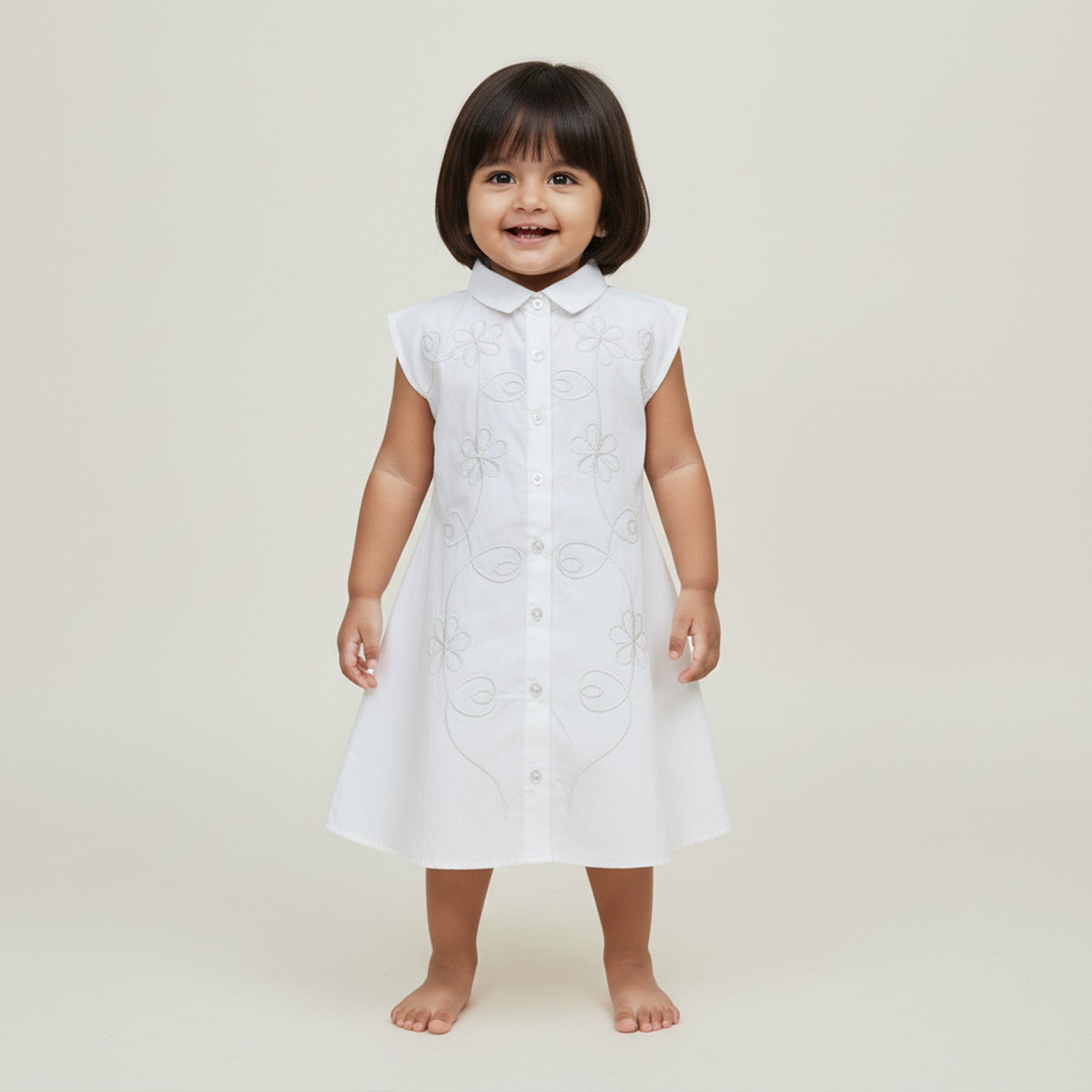 Baby Moo Woven Sleeveless Shirt Style Dress with Belt  Dress - White