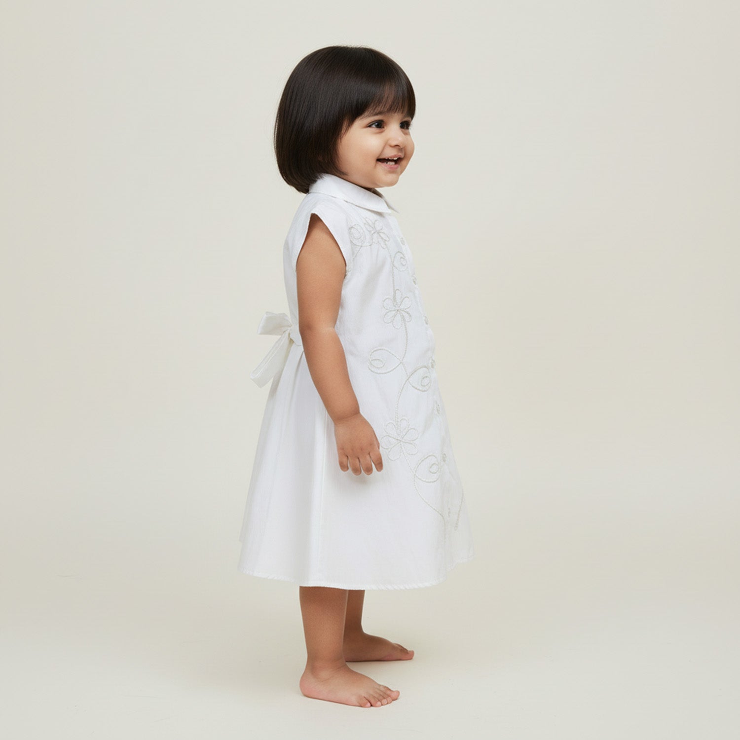 Baby Moo Woven Sleeveless Shirt Style Dress with Belt  Dress - White