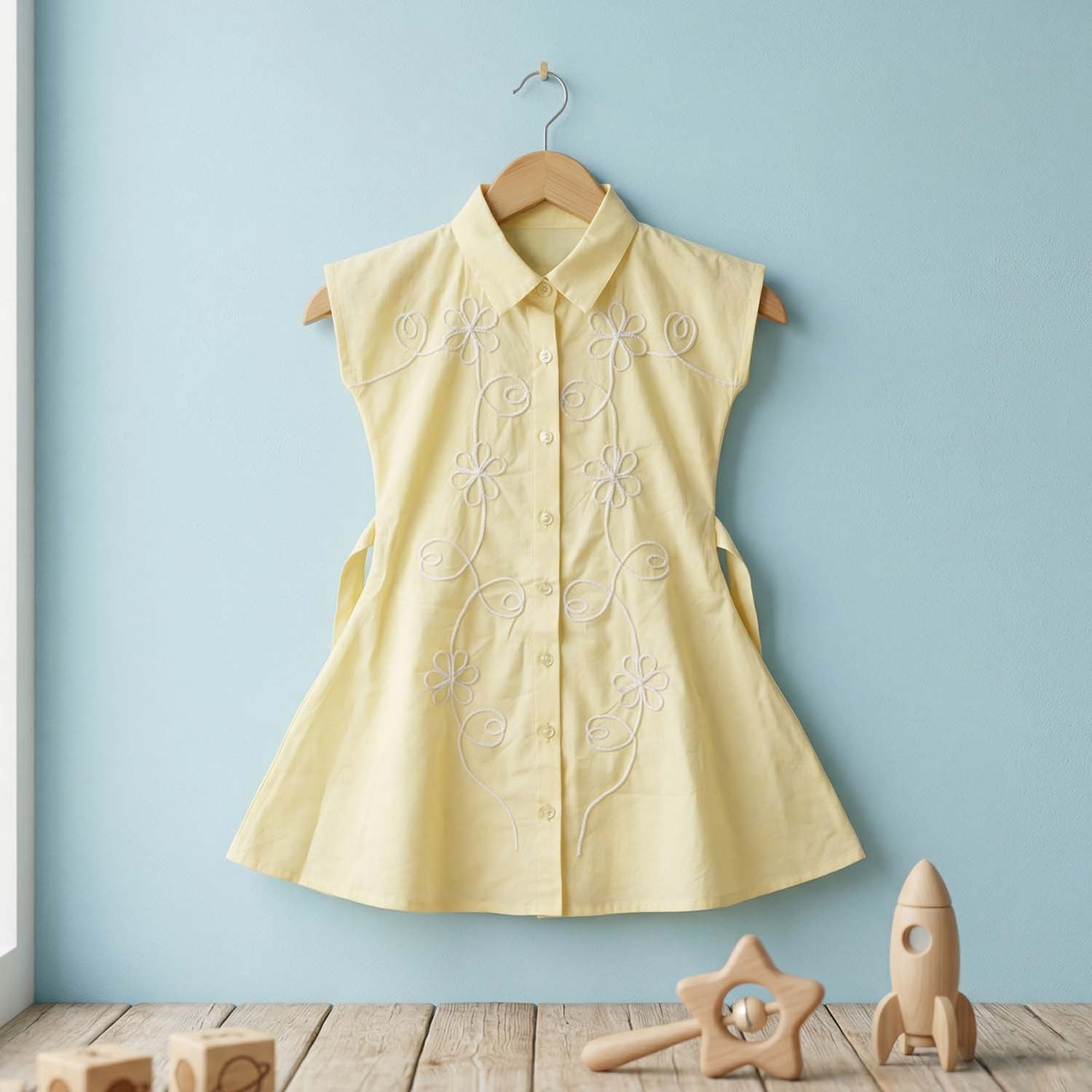 Baby Moo Woven Sleeveless Shirt Style Dress with Belt  Dress - Yellow