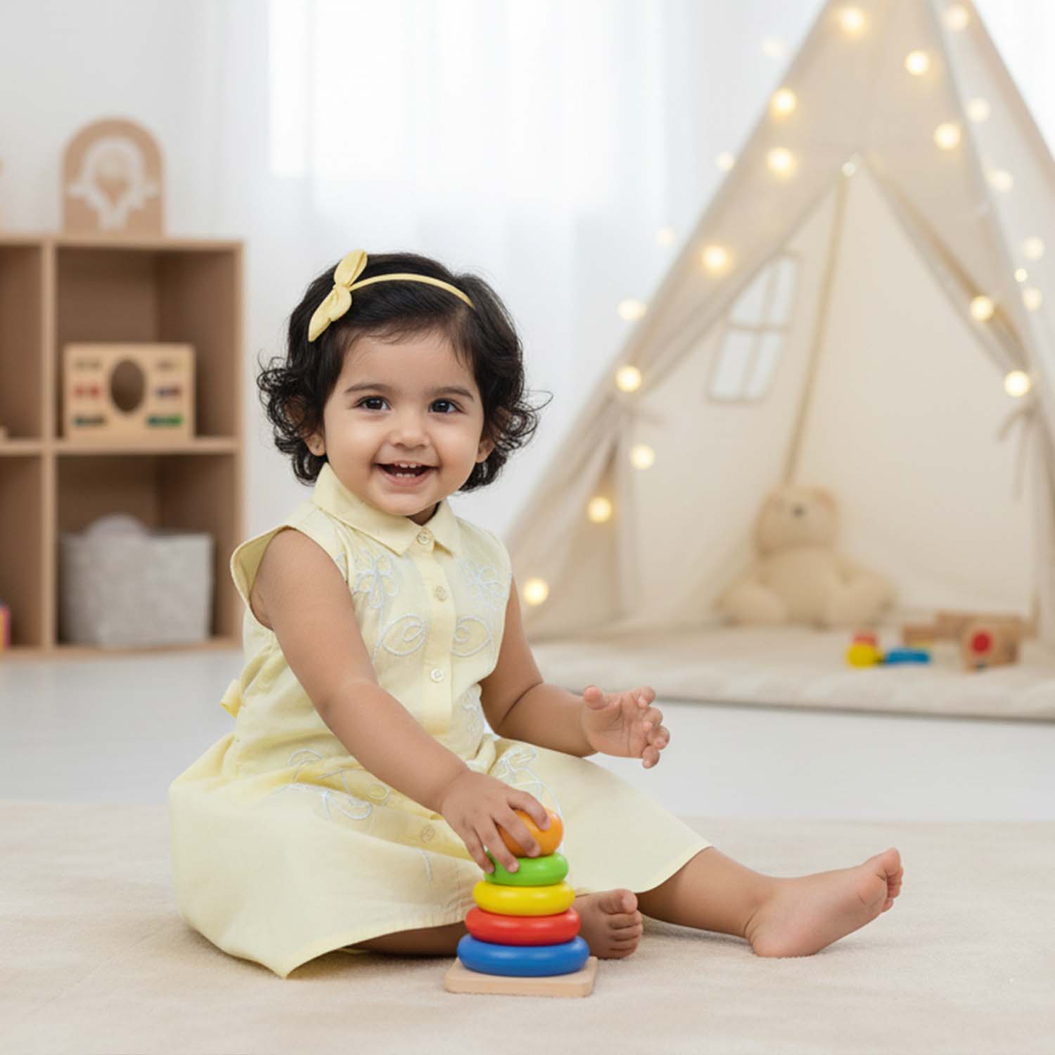 Baby Moo Woven Sleeveless Shirt Style Dress with Belt  Dress - Yellow