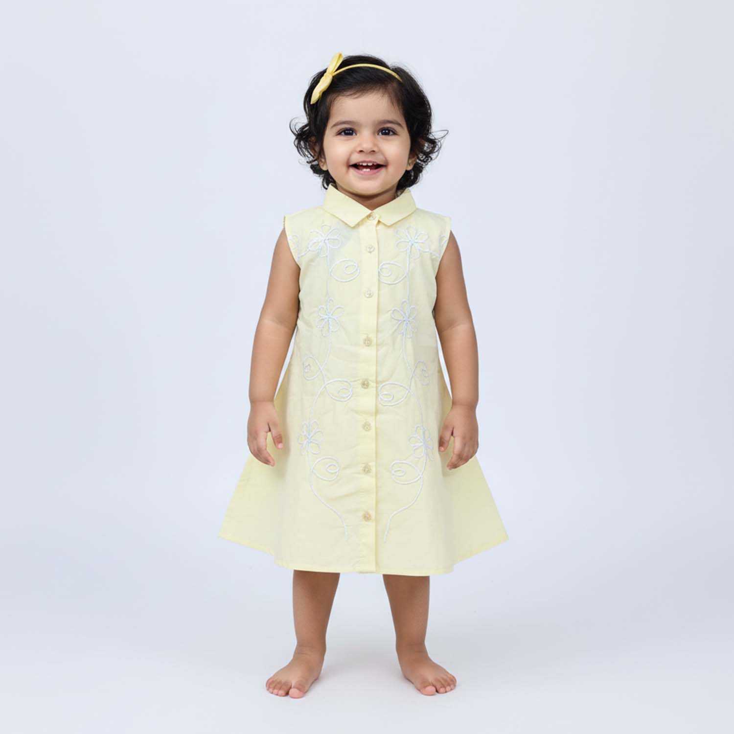 Baby Moo Woven Sleeveless Shirt Style Dress with Belt  Dress - Yellow