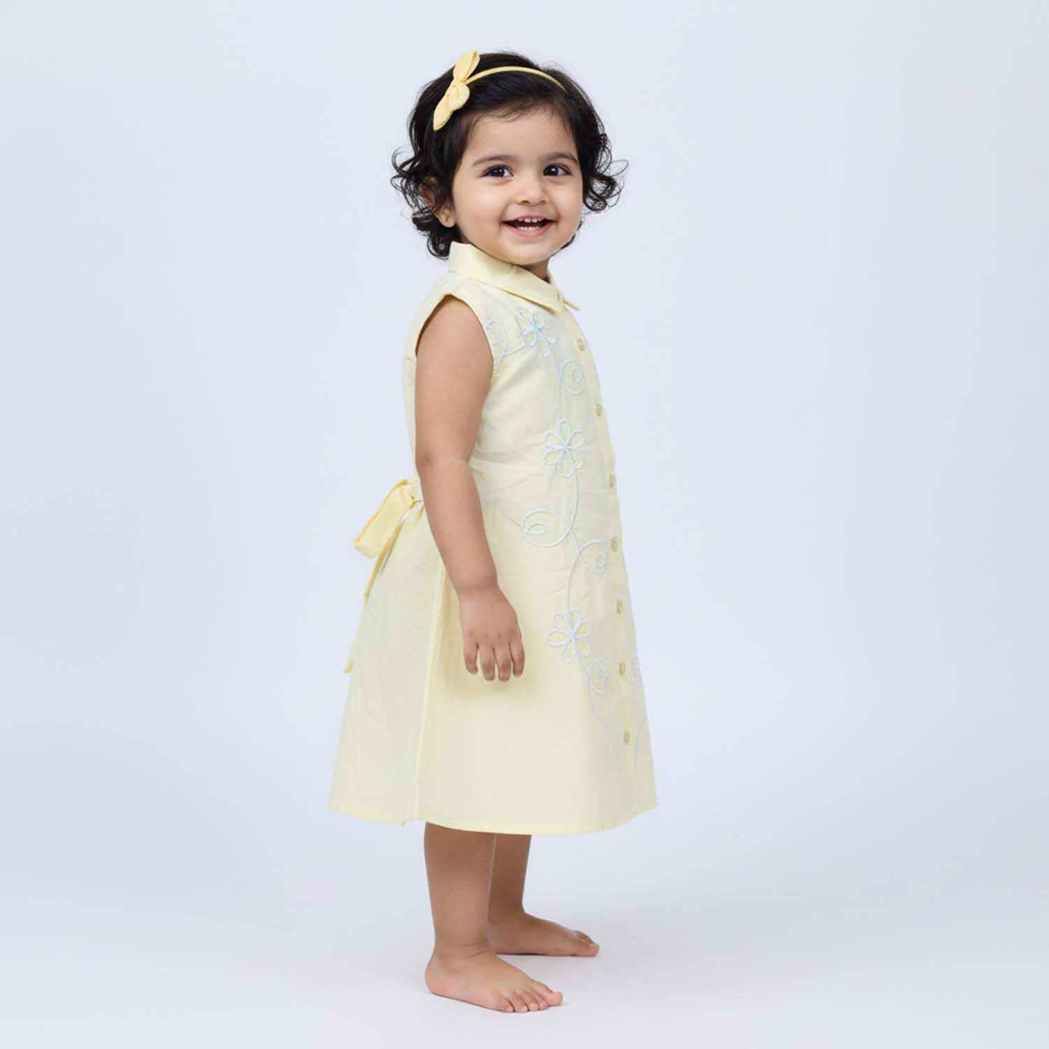 Baby Moo Woven Sleeveless Shirt Style Dress with Belt  Dress - Yellow