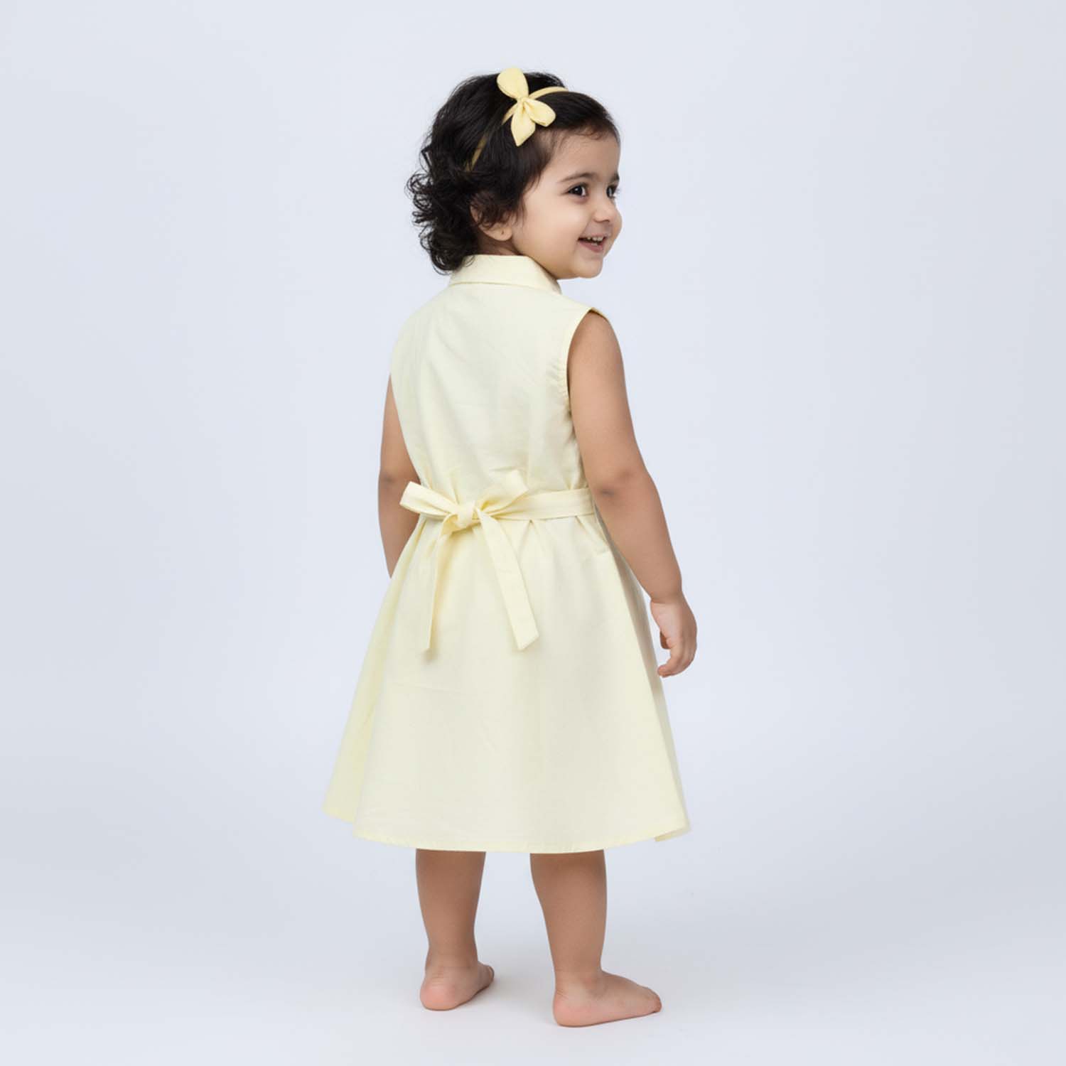 Baby Moo Woven Sleeveless Shirt Style Dress with Belt  Dress - Yellow