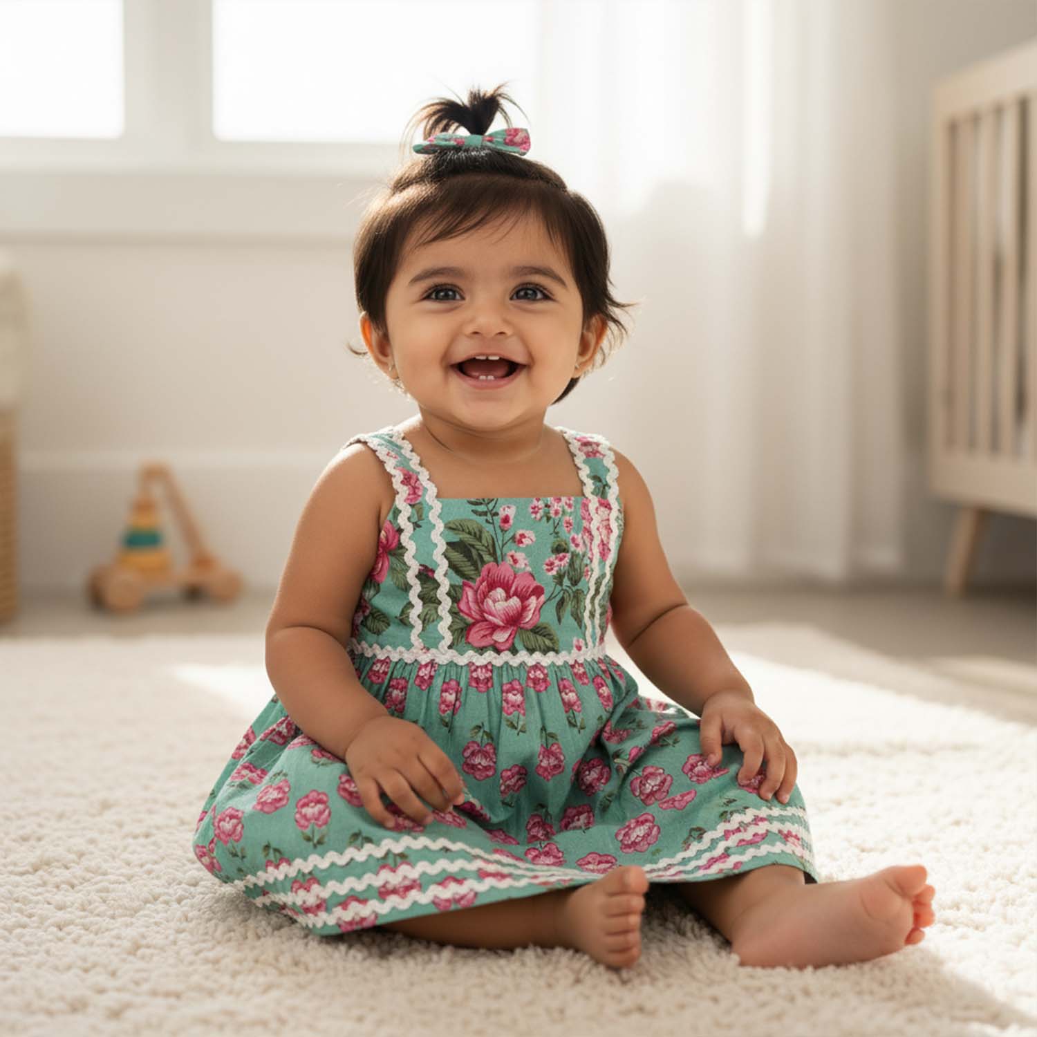 Baby Moo Poppy Print Cotton Ethnic Dress  - Sea Green