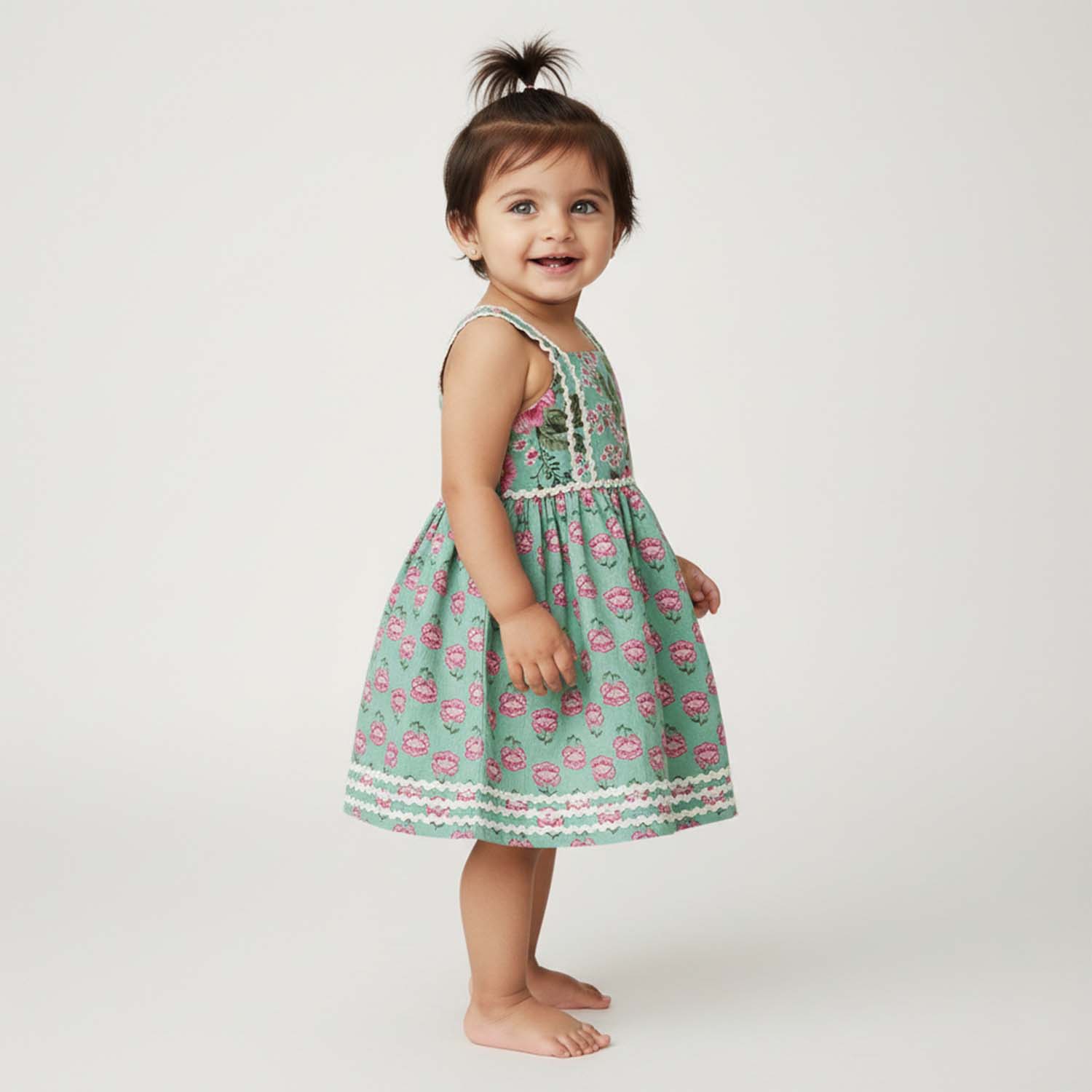 Baby Moo Poppy Print Cotton Ethnic Dress  - Sea Green