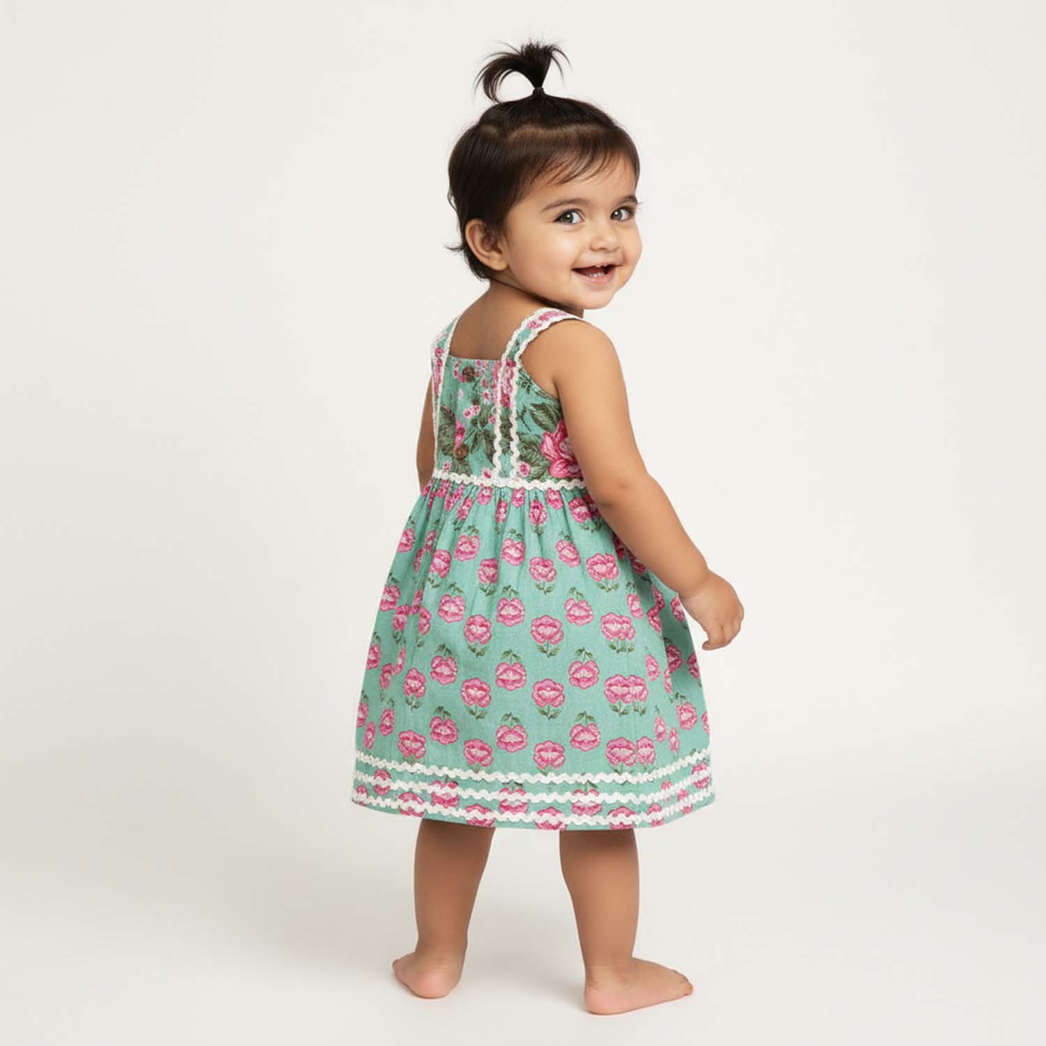 Baby Moo Poppy Print Cotton Ethnic Dress  - Sea Green