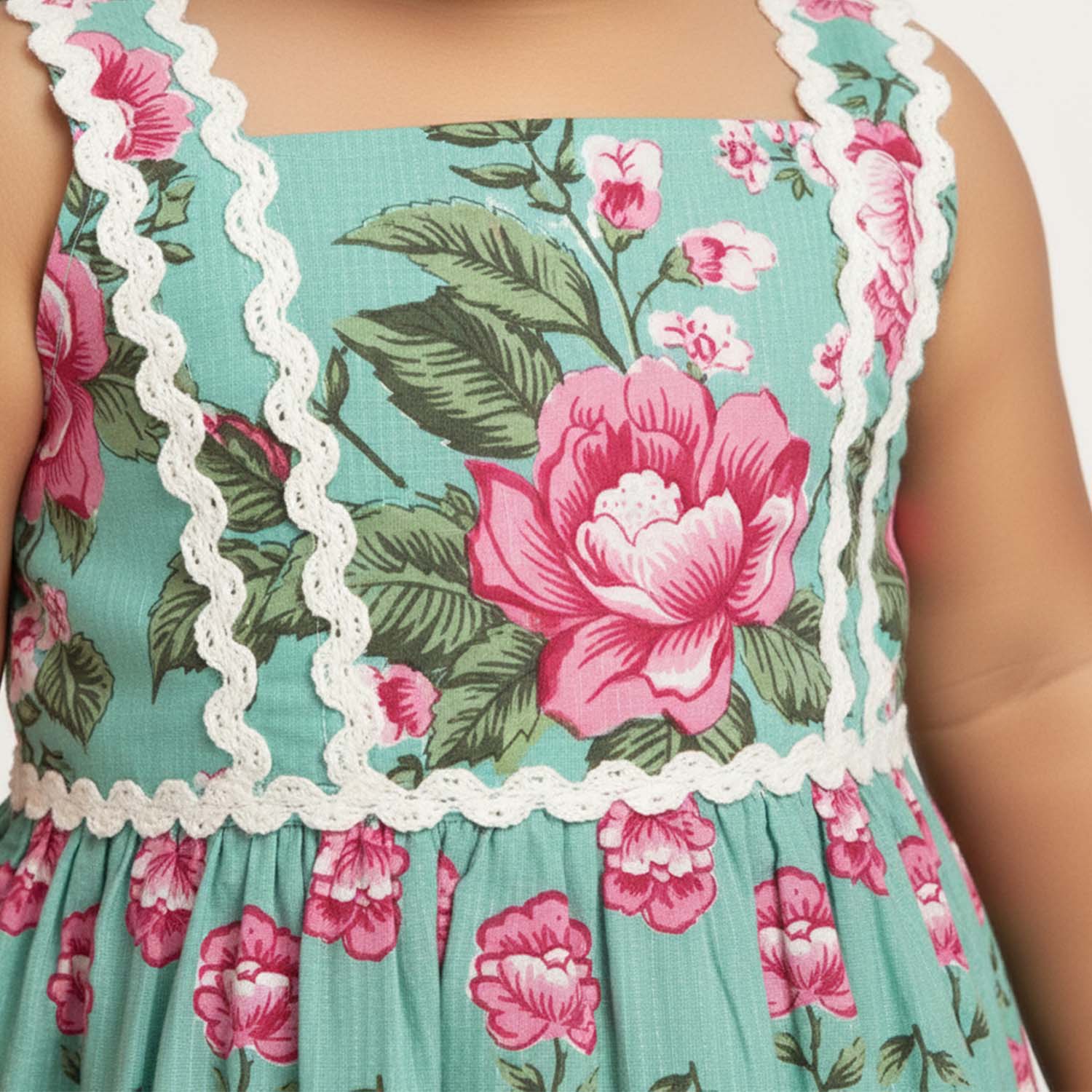 Baby Moo Poppy Print Cotton Ethnic Dress  - Sea Green