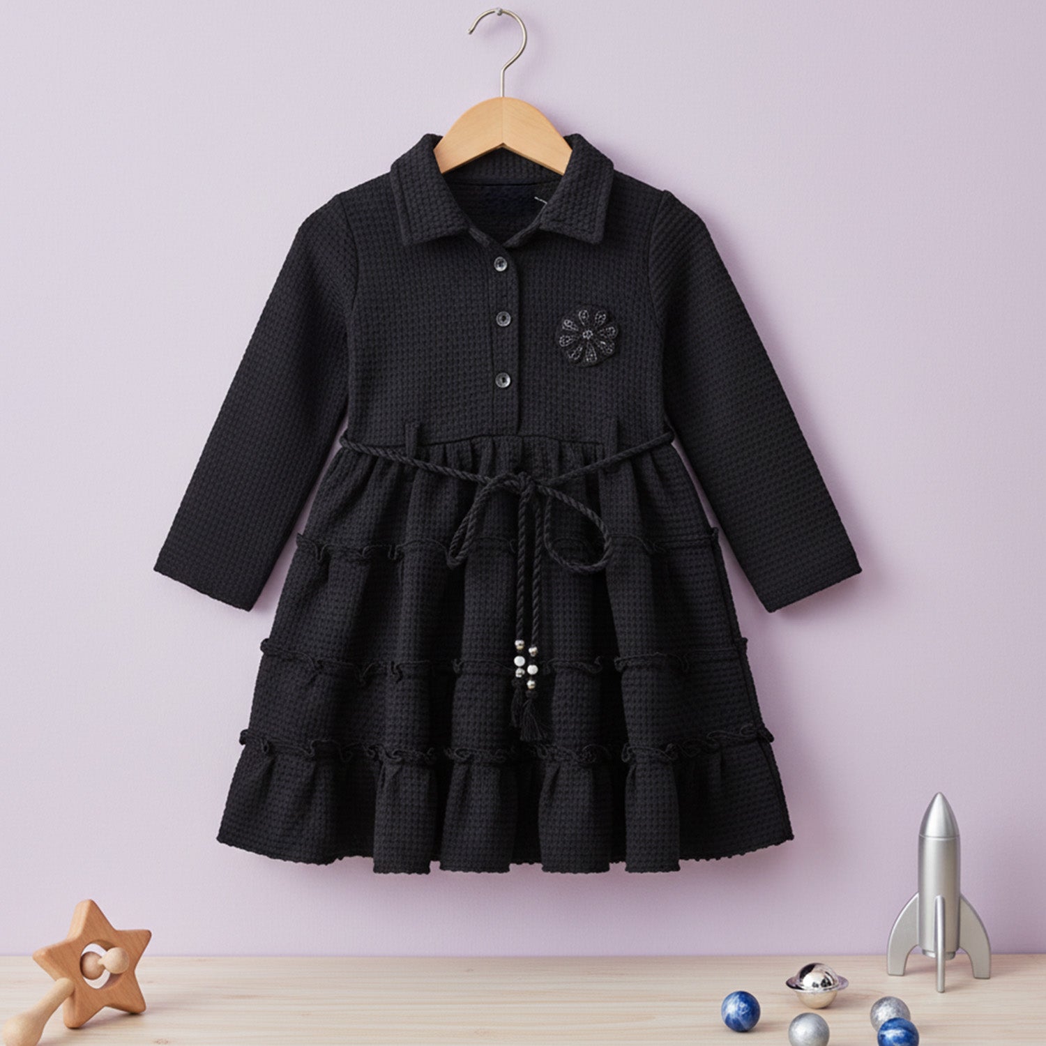 Baby Moo Woven 3/4 Sleeves Solid Coloured Tiered Dress Dress - Black