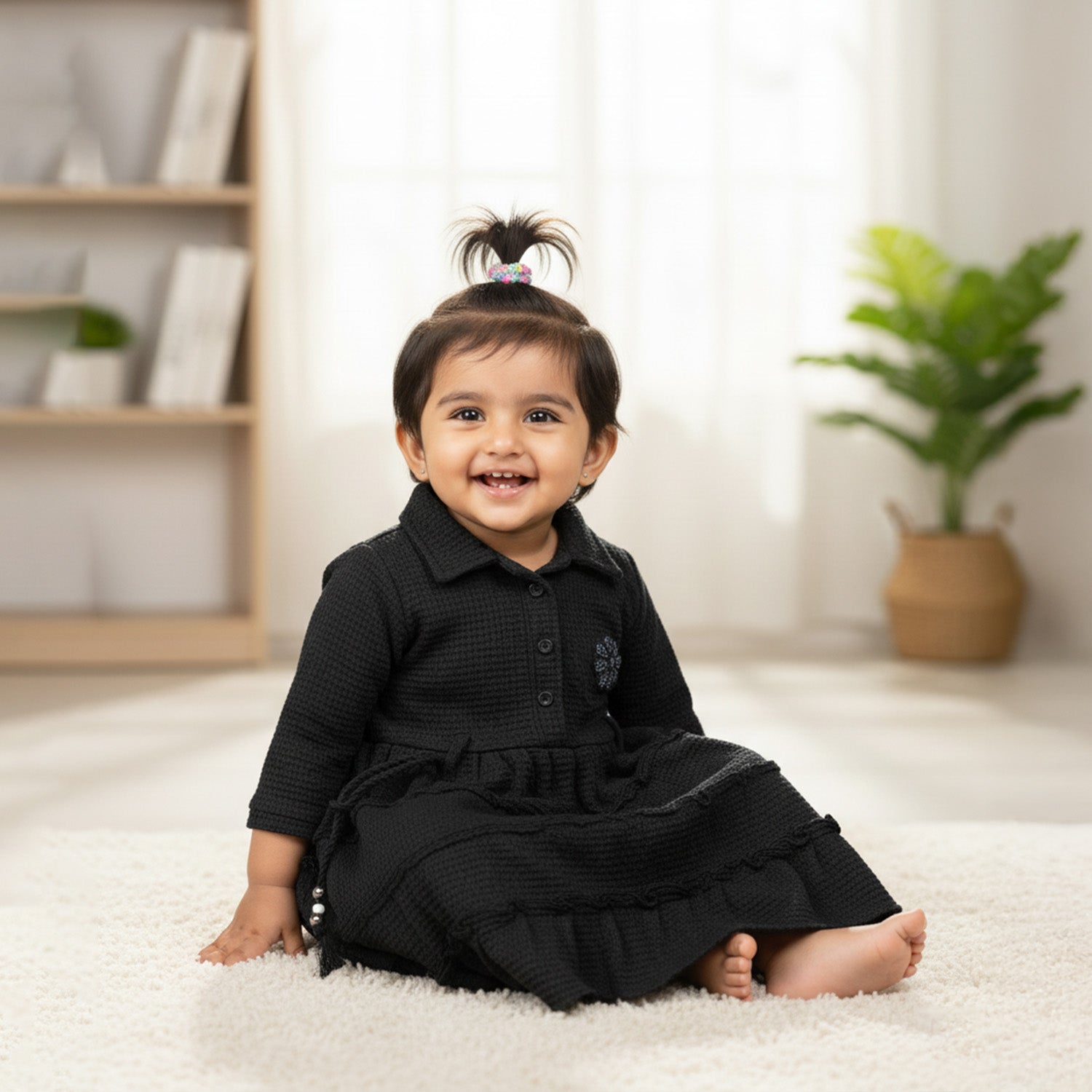 Baby Moo Woven 3/4 Sleeves Solid Coloured Tiered Dress Dress - Black