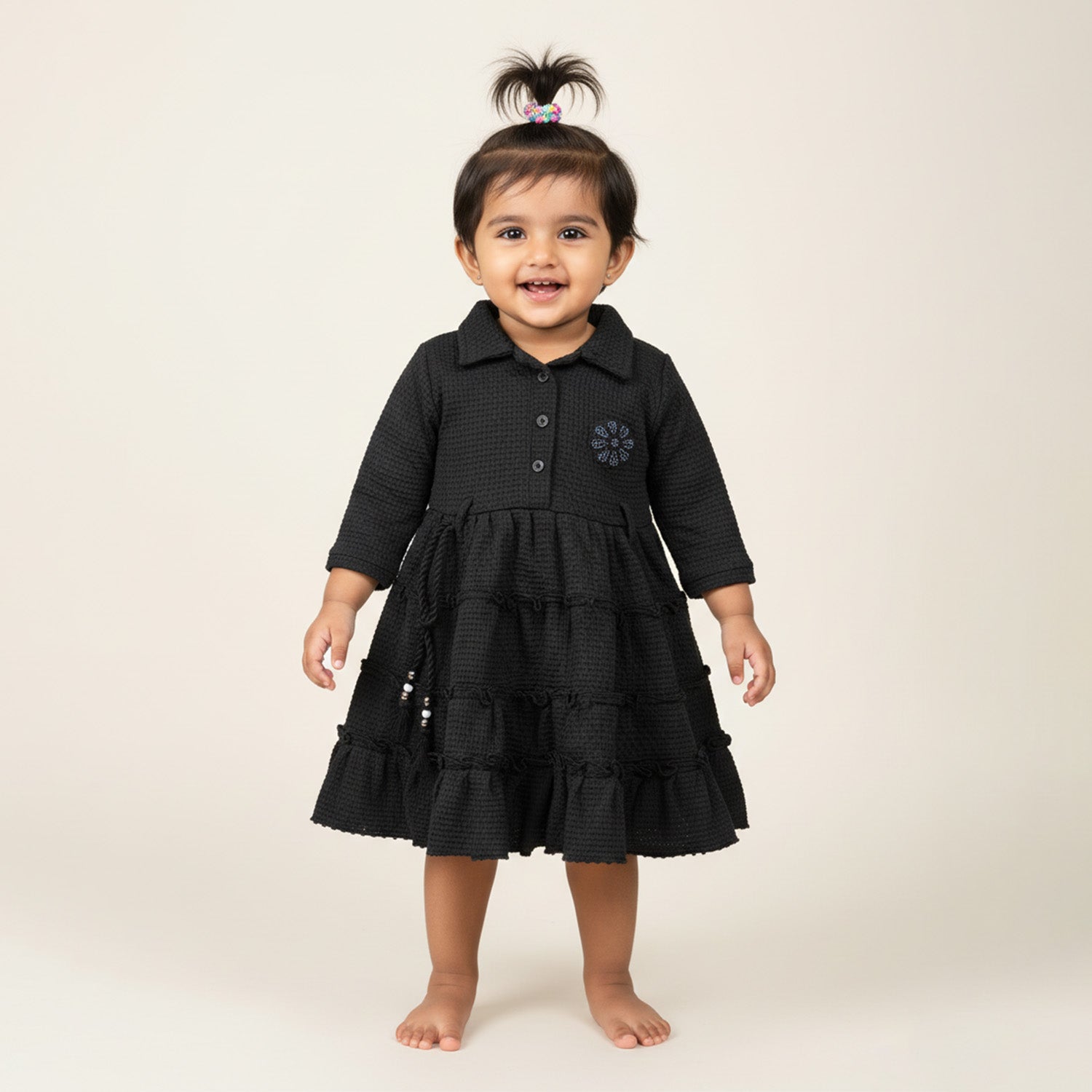 Baby Moo Woven 3/4 Sleeves Solid Coloured Tiered Dress Dress