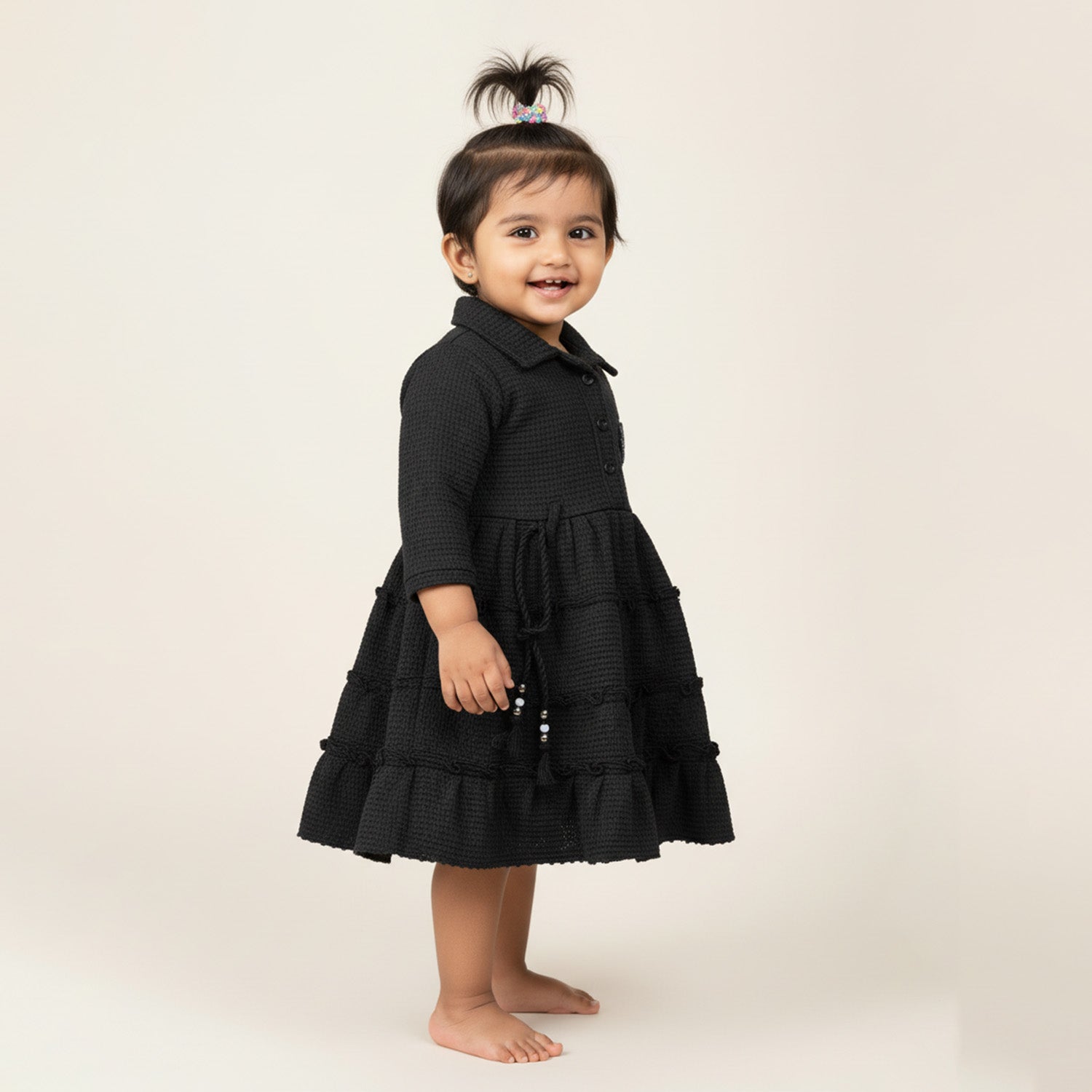 Baby Moo Woven 3/4 Sleeves Solid Coloured Tiered Dress Dress - Black