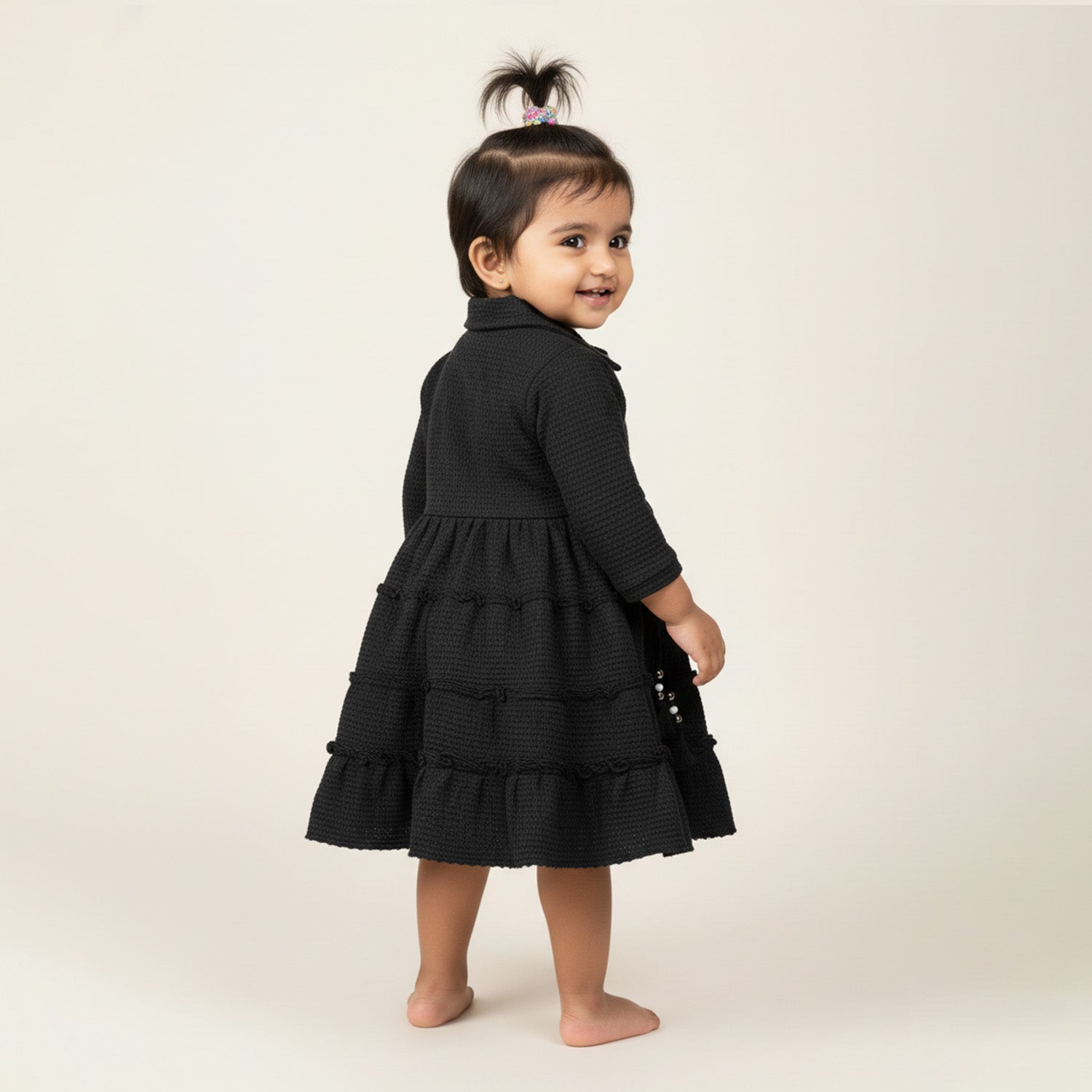 Baby Moo Woven 3/4 Sleeves Solid Coloured Tiered Dress Dress - Black