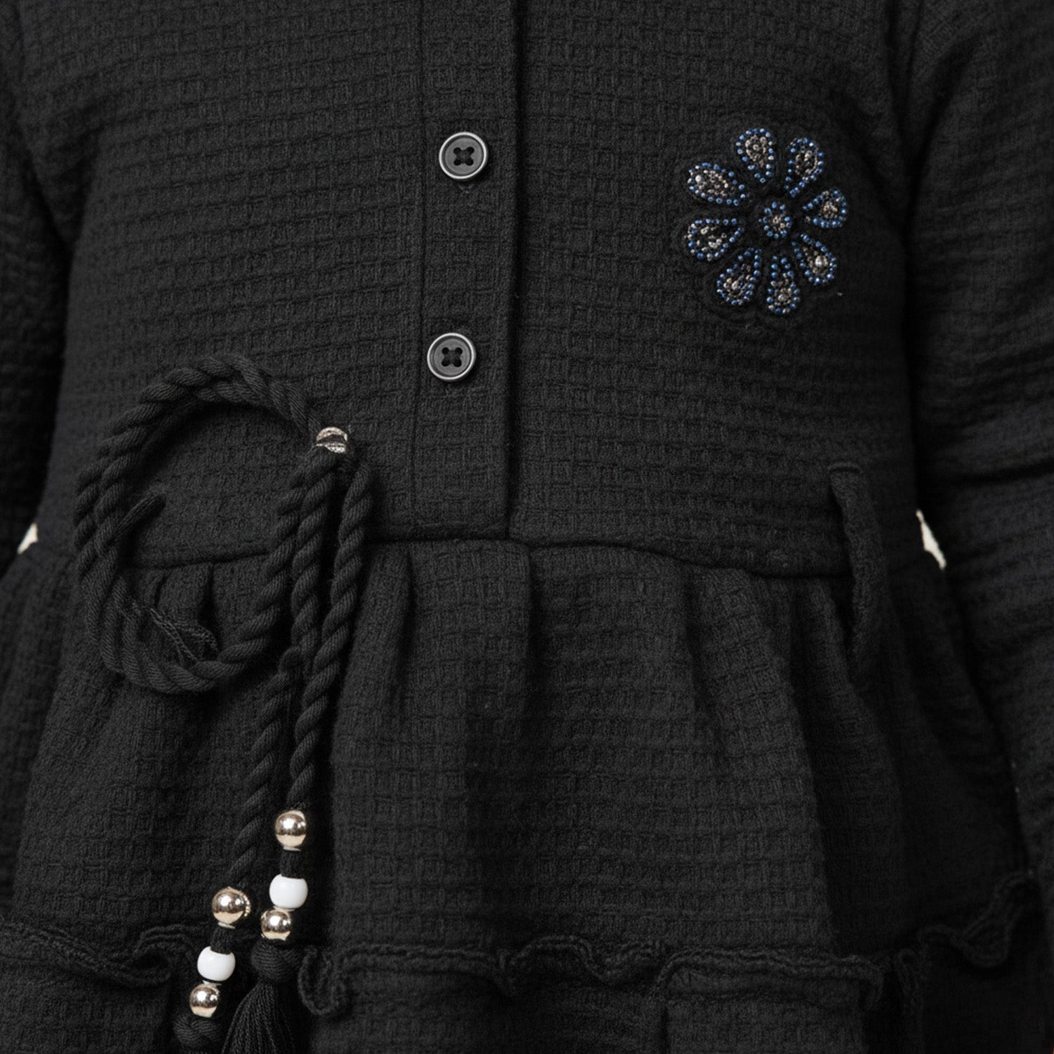 Baby Moo Woven 3/4 Sleeves Solid Coloured Tiered Dress Dress - Black