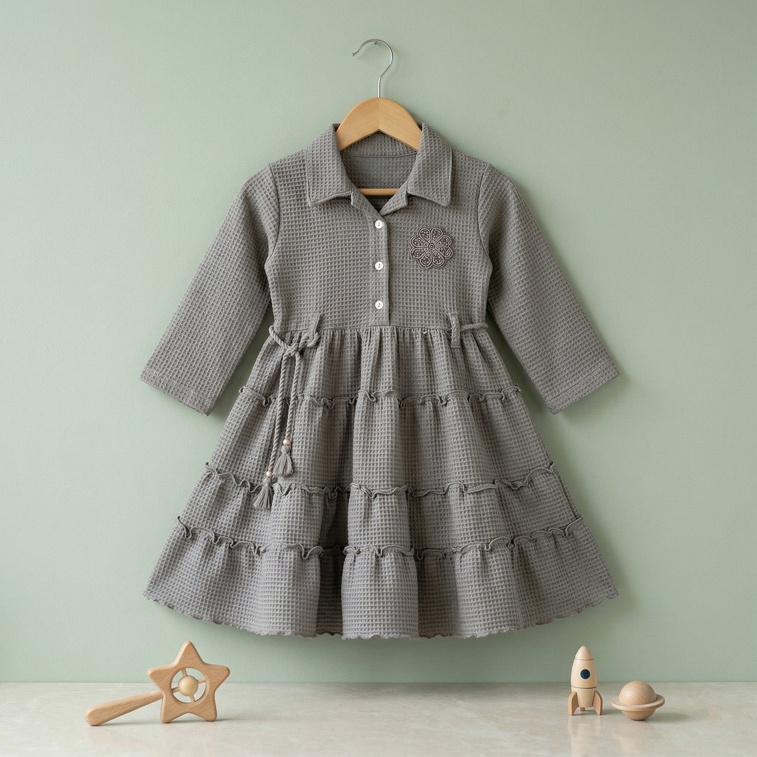 Baby Moo Woven 3/4 Sleeves Solid Coloured Tiered Dress Dress - Grey
