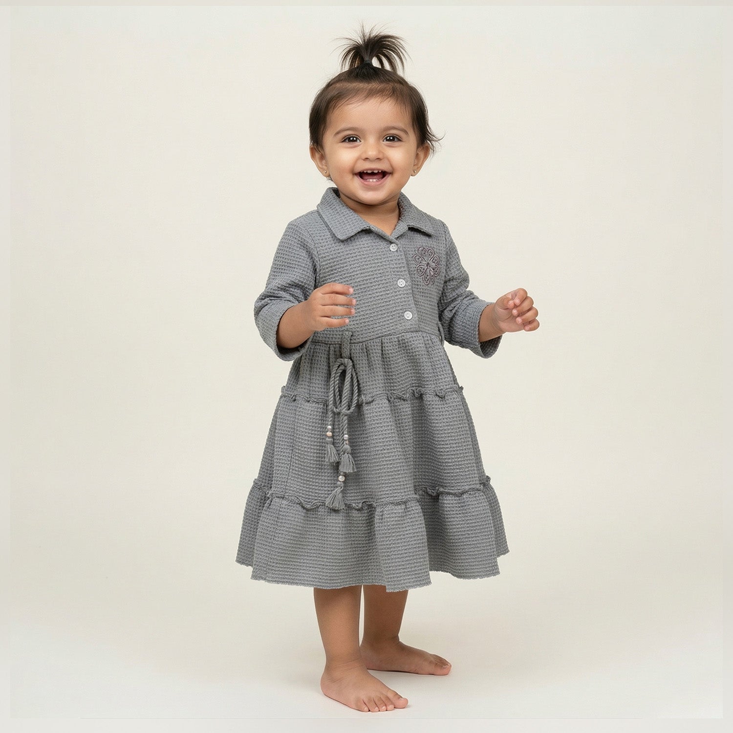 Baby Moo Woven 3/4 Sleeves Solid Coloured Tiered Dress Dress - Grey