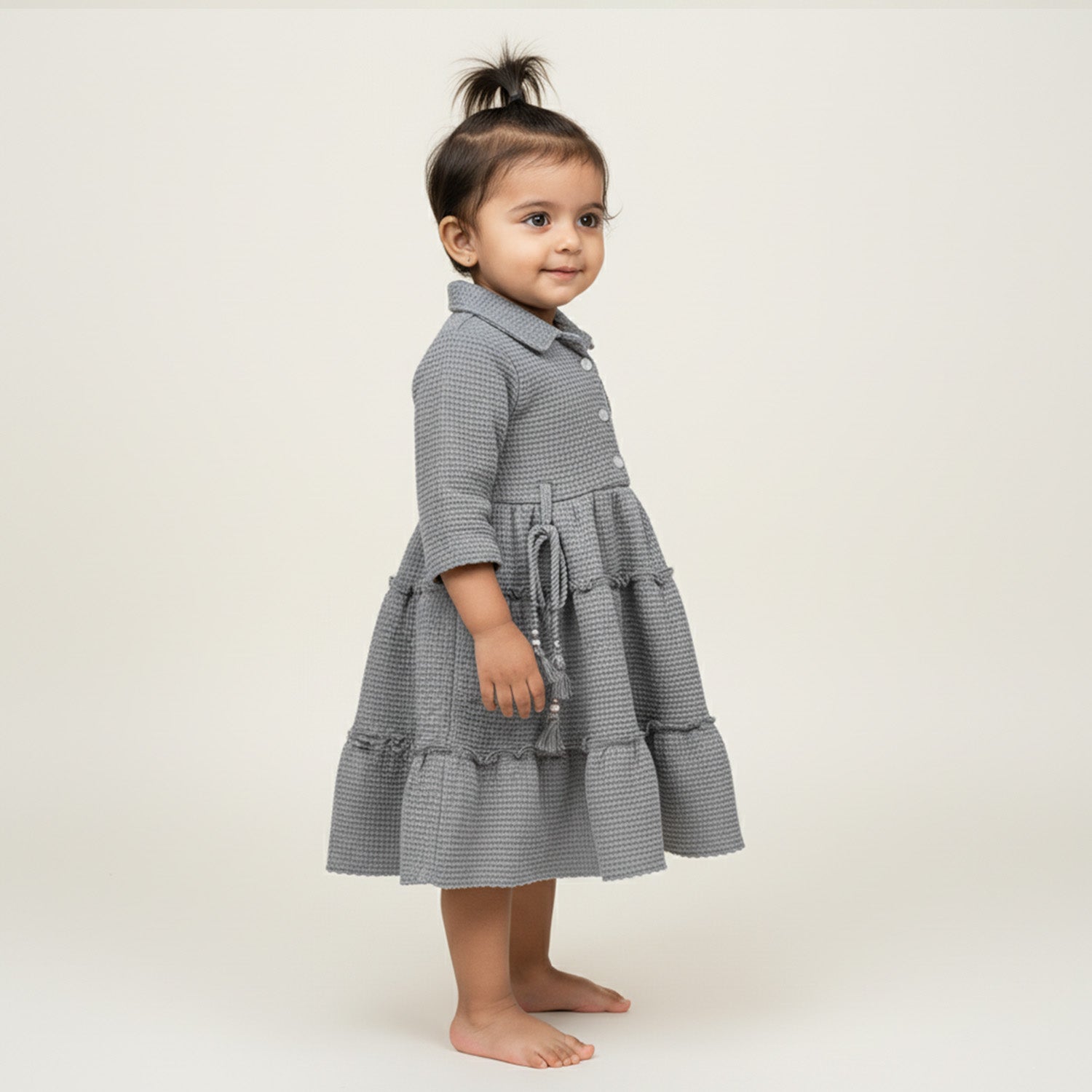 Baby Moo Woven 3/4 Sleeves Solid Coloured Tiered Dress Dress - Grey