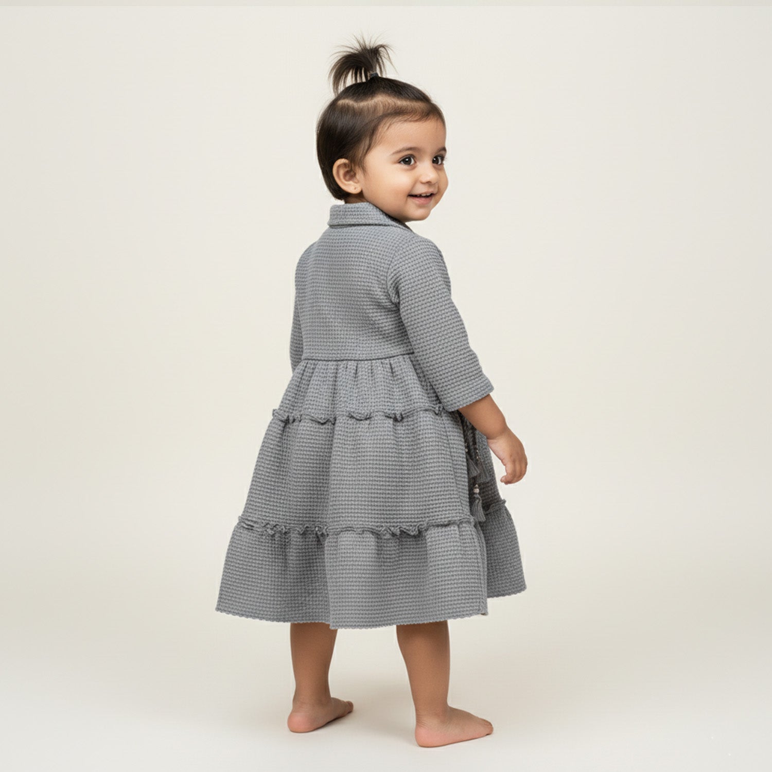 Baby Moo Woven 3/4 Sleeves Solid Coloured Tiered Dress Dress - Grey