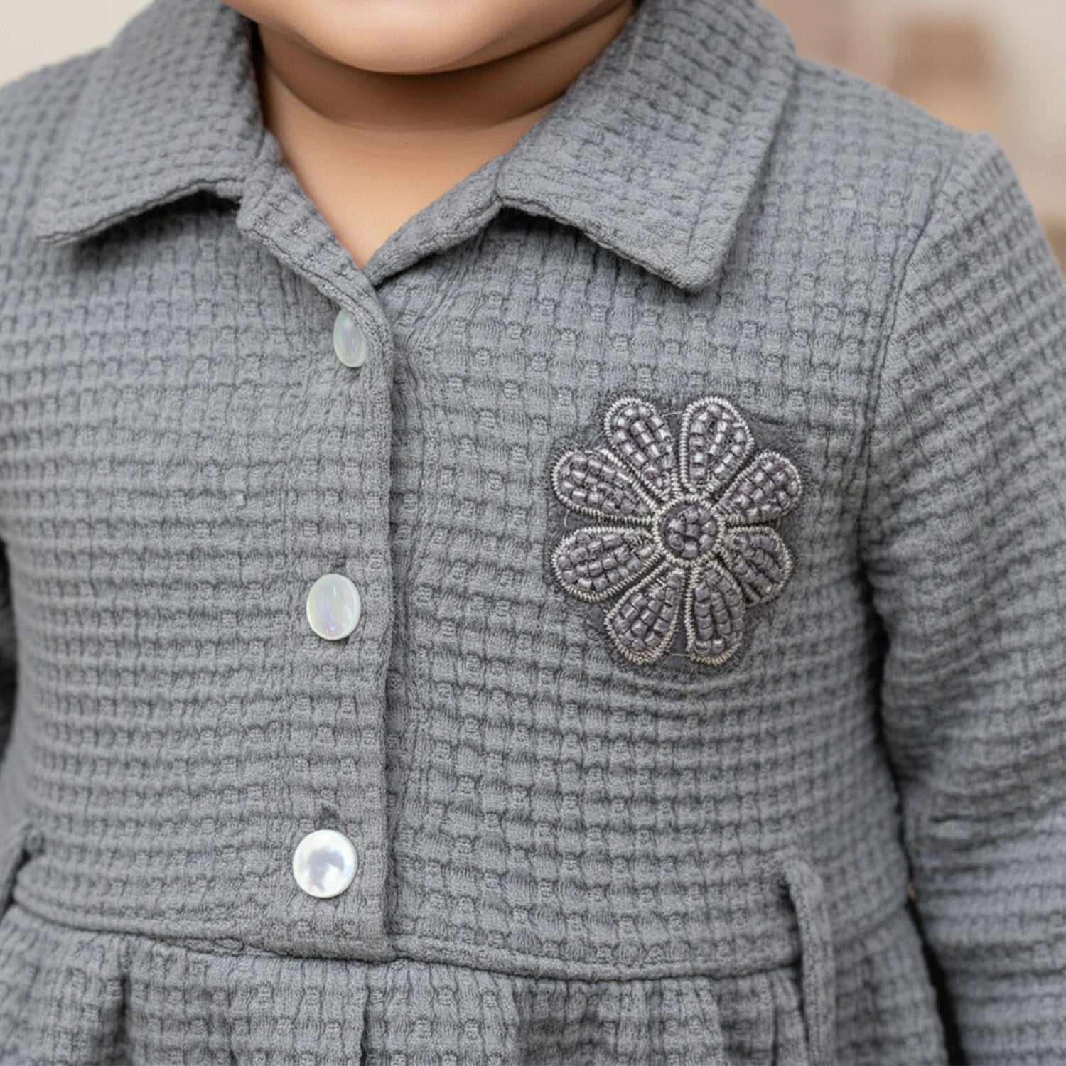 Baby Moo Woven 3/4 Sleeves Solid Coloured Tiered Dress Dress - Grey