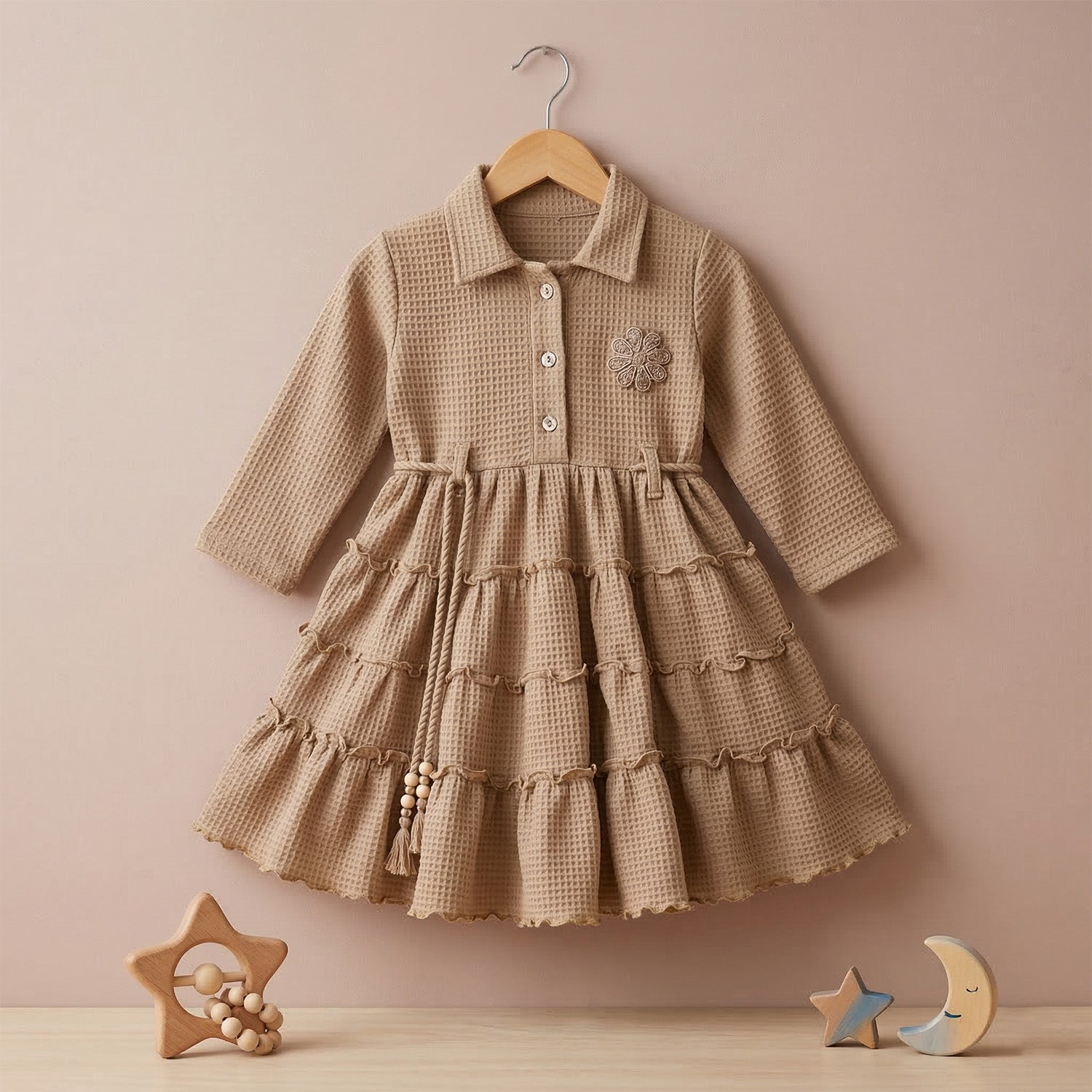 Baby Moo Woven 3/4 Sleeves Solid Coloured Tiered Dress Dress - Nude