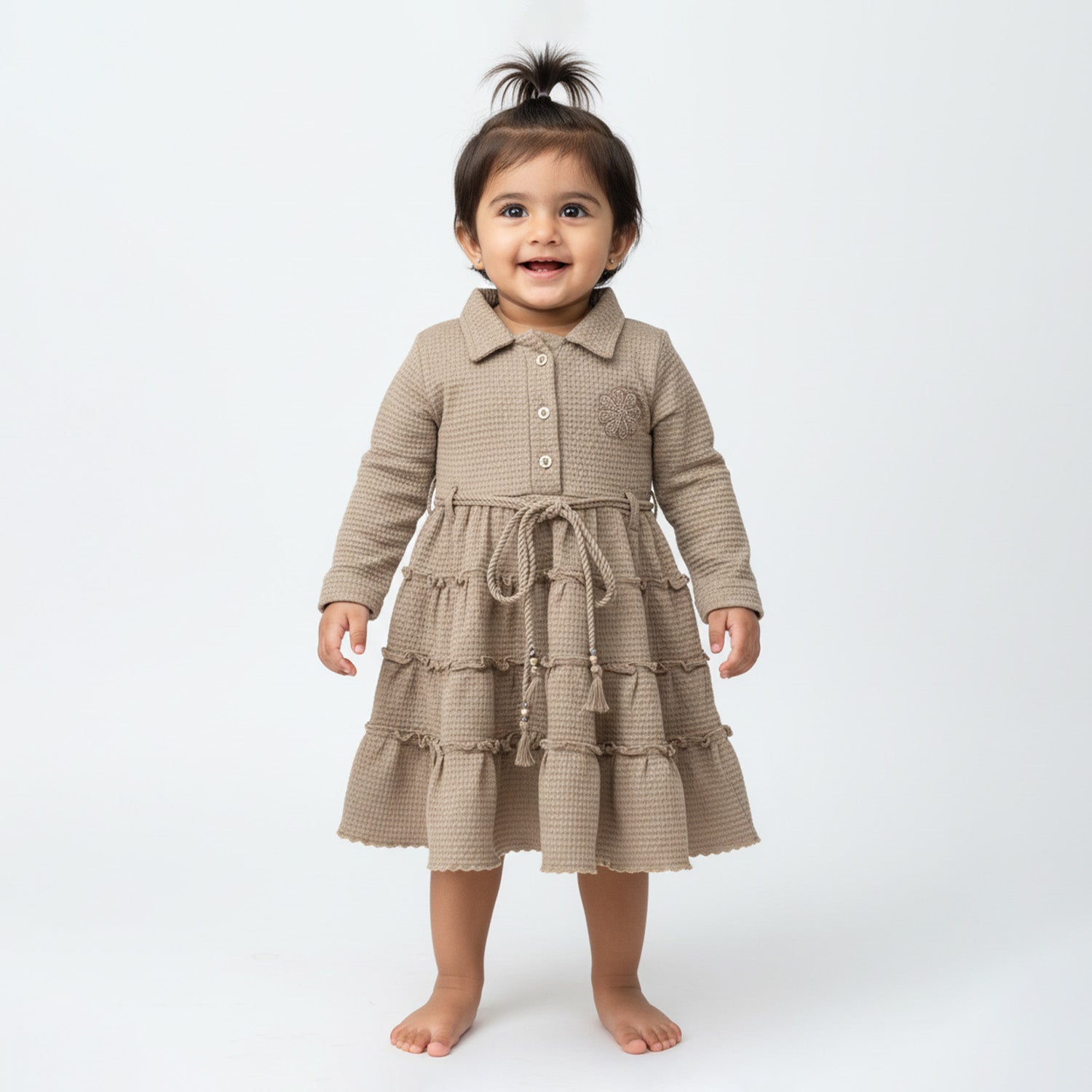 Baby Moo Woven 3/4 Sleeves Solid Coloured Tiered Dress Dress - Nude