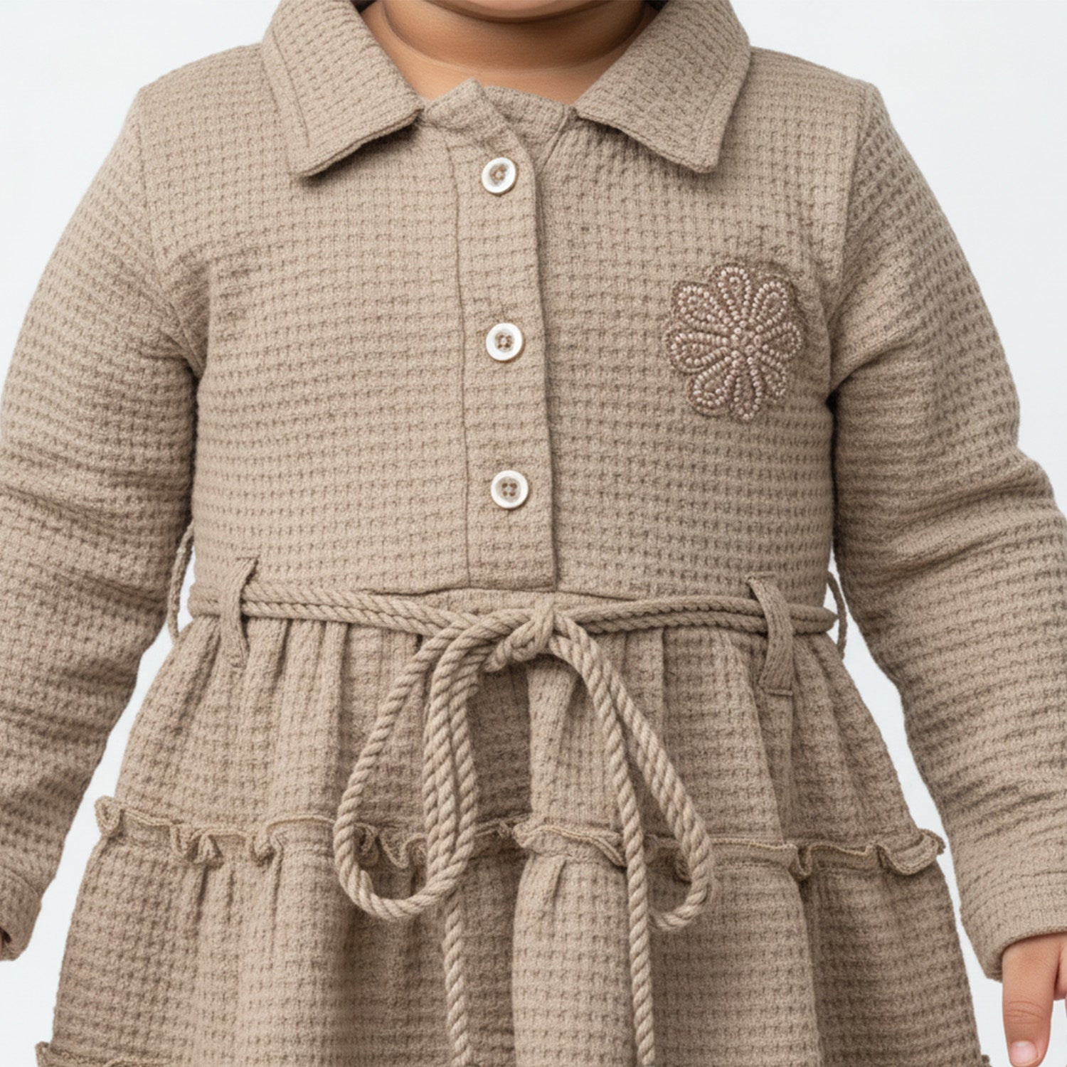Baby Moo Woven 3/4 Sleeves Solid Coloured Tiered Dress Dress - Nude