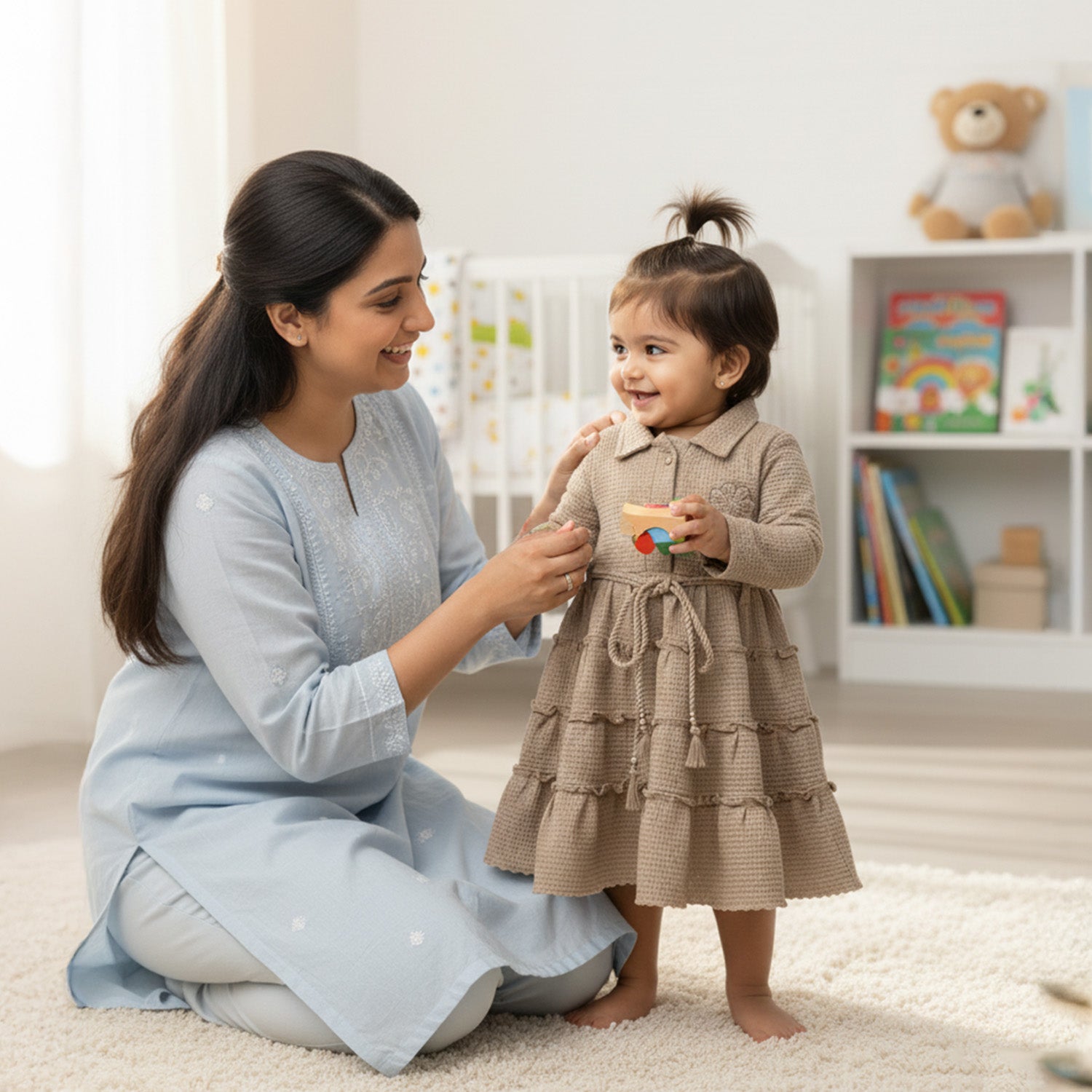 Baby Moo Woven 3/4 Sleeves Solid Coloured Tiered Dress Dress - Nude