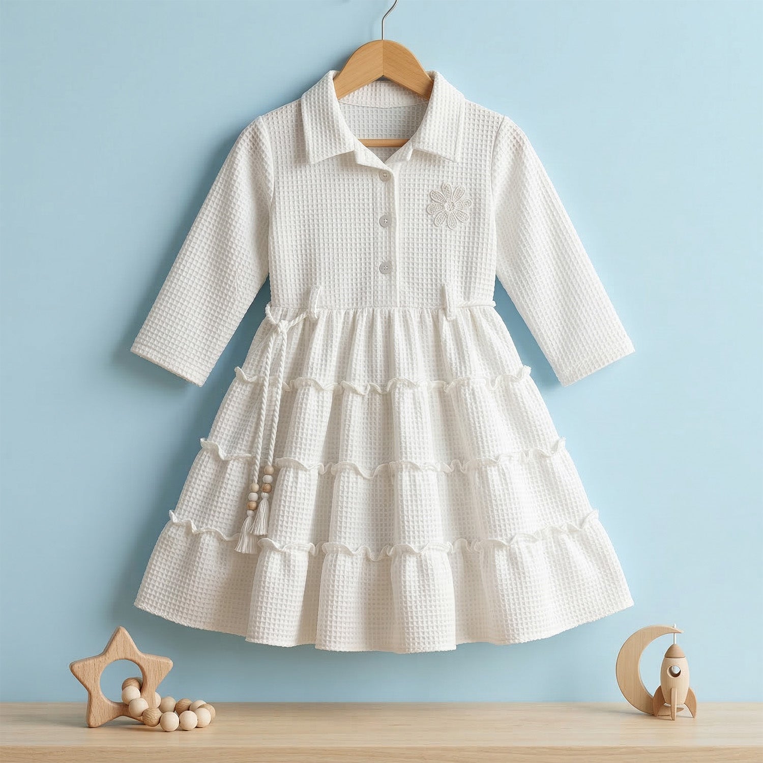 Baby Moo Woven 3/4 Sleeves Solid Coloured Tiered Dress Dress - White