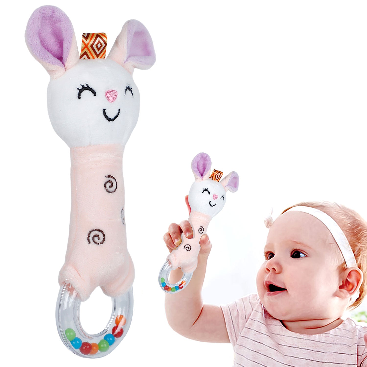 Baby Moo Gentle Bunny Squeaker Sound Handheld Rattle Toy - Peach