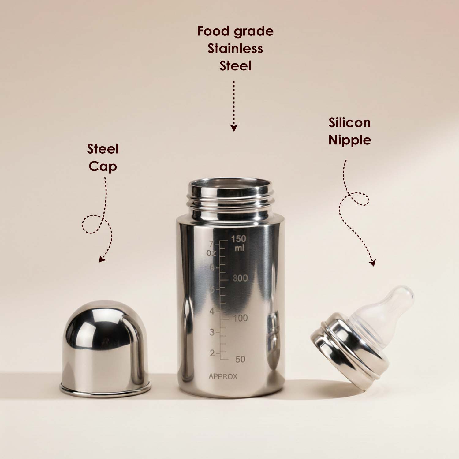 Baby Moo Stainless Steel Feeding Bottle Silver 150 ml