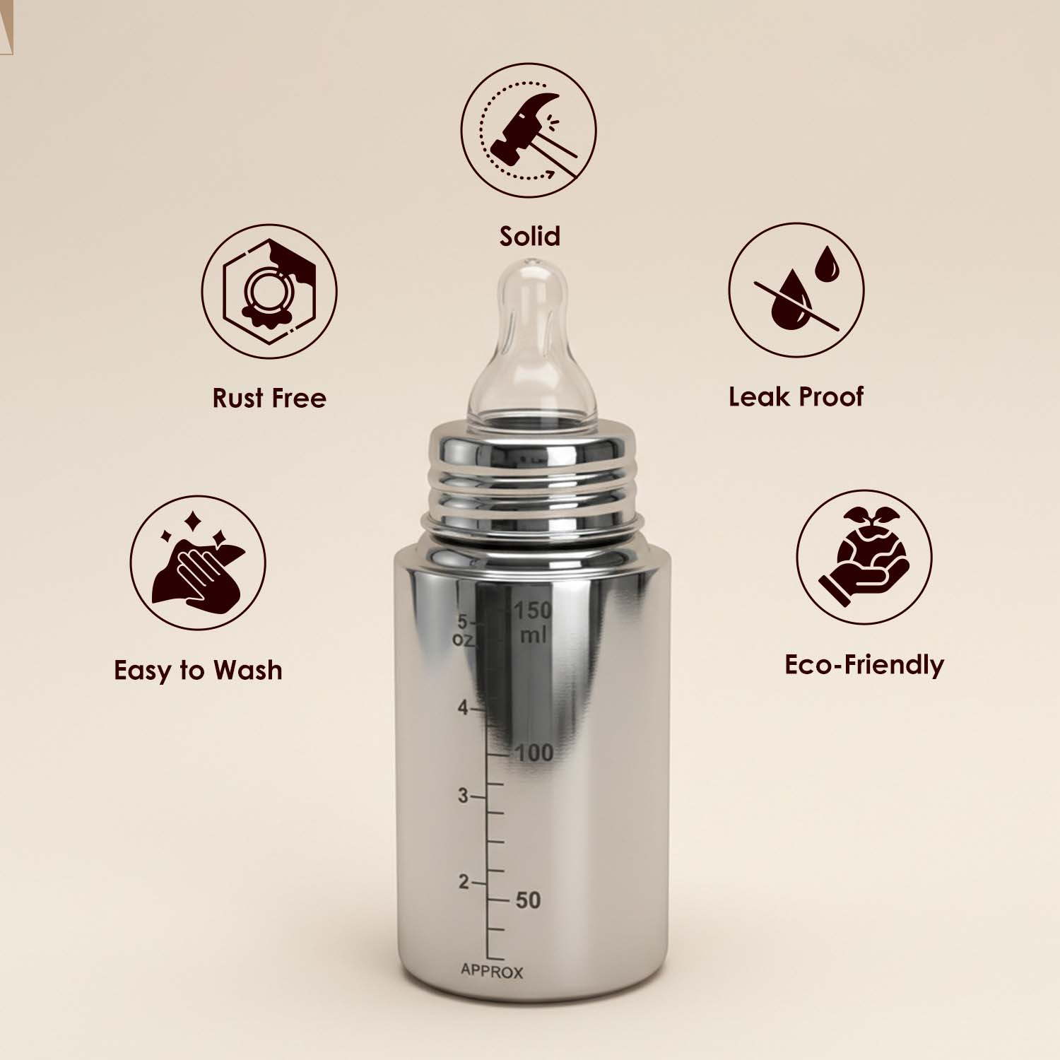 Baby Moo Stainless Steel Feeding Bottle Silver 150 ml