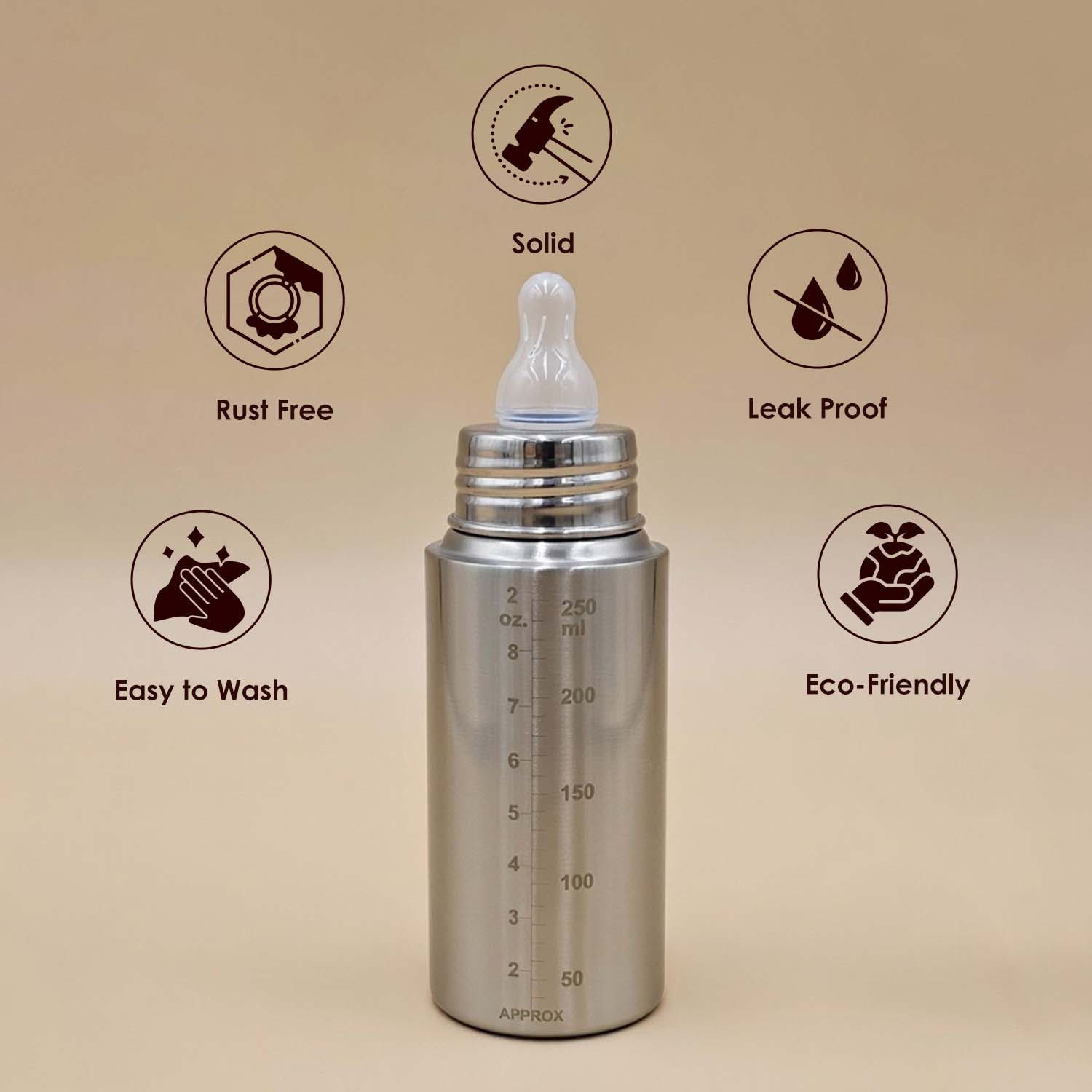 Baby Moo Stainless Steel Feeding Bottle Silver 250 ml