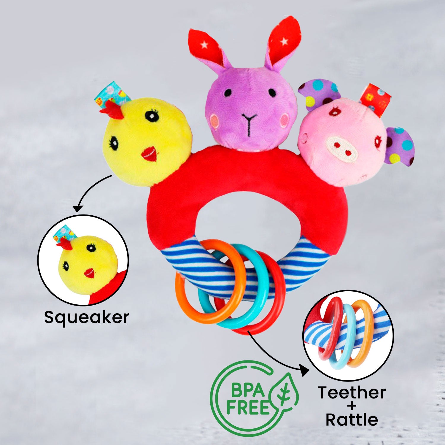 Baby Moo Farm Animals Squeaker Teething Ring Handheld Rattle - Red