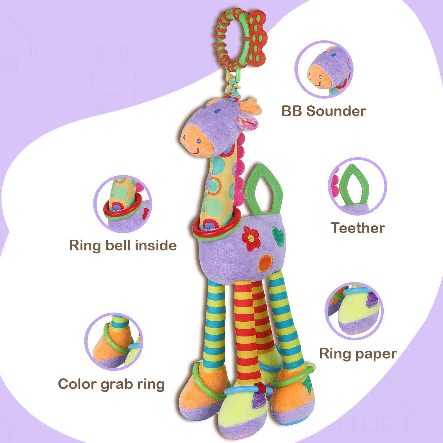 Baby Moo Flexible Giraffe Hanging Toy With Teether - Multicolour