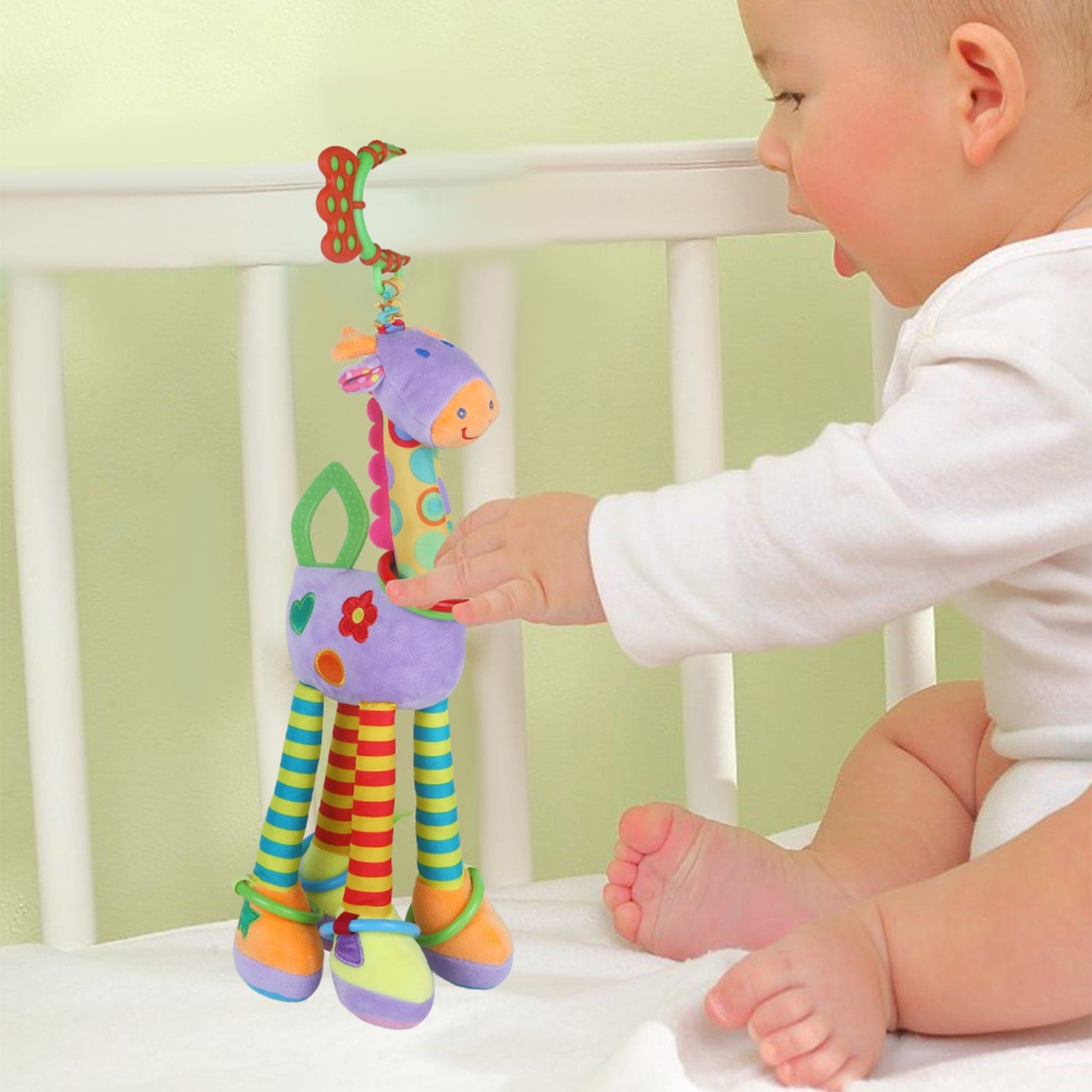 Baby Moo Flexible Giraffe Hanging Toy With Teether - Multicolour