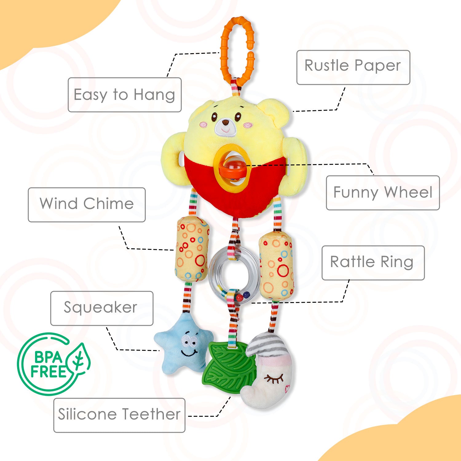 Baby Moo Star Moon Wind Chime With Squeaker Hanging Toy With Teether - Yellow